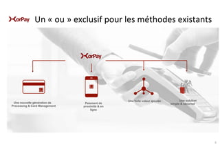  	
  
orPay	
  
6	
  
Une nouvelle génération de
Processing & Card Management
Paiement de
proximité & en
ligne
Une forte valeur ajoutée
orPay	
  
Un	
  «	
  ou	
  »	
  exclusif	
  pour	
  les	
  méthodes	
  existants	
  
Une solution
simple & sécurisé
 
