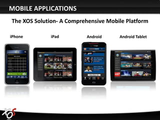 MOBILE APPLICATIONS
The XOS Solution- A Comprehensive Mobile Platform

iPhone        iPad        Android     Android Tablet
 