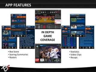 APP FEATURES




                        IN DEPTH
                          GAME
                       COVERAGE


 • Box Score                       • Statistics
 • Scoring Summaries               • Video Clips
 • Rosters                         • Recaps
 