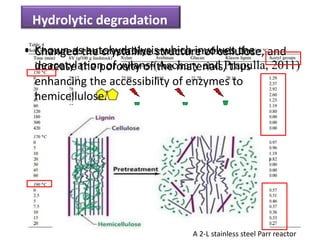 Hydrolytic degradation
Complex xylan structure
Xiaowen Chen et al., 2010
• Known as autohydrolysis which involves the
deacetylation of xylans (Aachary and Prapulla, 2011)
• Changed the crystalline structure of cellulose, and
increase the porosity of the materials, thus
enhancing the accessibility of enzymes to
hemicellulose.
A 2-L stainless steel Parr reactor
 