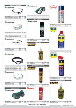 140 www.belenus.com.brTelevendas: (19) 3517.7200
Preçosválidossomenteparaoestadodesãopaulo.Ofertasválidasaté30/06/2016ouenquantoduraremosestoques,exclusivamenteparafaturamentodafilialdoestadodesãopaulo.tributaçãoicmsconformelegislaçãovigente.Produtoscomipidestacado
estarãosujeitosàacréscimodepreçodeacordocomalíquota.Imagemmeramenteilustrativa.Reservamo-nosodireitodecorrigireventuaiserrosgráficosoudedigitação,bemcomoalteraçãodepreçossemprévioaviso.
ÓCULOS SEGURANÇA
ÓLEO CARBOLUB
Cód . Descrição Unid. Emb. Preço
54571 300ML BELTOOLS PEÇA 1 5,42
Cód . Descrição Unid. Emb. Preço
45396 300ML M1 STARRETT PEÇA 6 9,10
Cód . Descrição Unid. Emb. Preço
58784 EVOLUTION AMBAR CARBOGRAFITE PEÇA 1 11,86
58783 EVOLUTION CINZA CARBOGRAFITE PEÇA 1 11,86
58782 EVOLUTION INCOLOR CARBOGRAFITE PEÇA 1 11,39
Cód . Descrição Unid. Emb. Preço
58791 MACARIQUEIRO CONCHA PEÇA 1 7,70
Cód . Descrição Unid. Emb. Preço
56435 192GR CARBOGRAFITE PEÇA 1 11,18
Cód . Descrição Unid. Emb. Preço
58790 PRO-VISION AMBAR CARBOGRAFITE PEÇA 1 5,37
58789 PRO-VISION CINZA CARBOGRAFITE PEÇA 1 5,37
58788 PRO-VISION INCOLOR CARBOGRAFITE PEÇA 1 5,24
Cód . Descrição Unid. Emb. Preço
58781 SPECTRA 2000 AMBAR PEÇA 1 4,88
58780 SPECTRA 2000 CINZA PEÇA 1 4,88
58779 SPECTRA 2000 INCOLOR PEÇA 1 4,73
Cód . Descrição Unid. Emb. Preço
58786 SPYDER CINZA CARBOGRAFITE PEÇA 1 38,79
58787 SPYDER CINZA ESP CARBOGRAFITE PEÇA 1 41,35
58785 SPYDER INCOLOR CARBOGRAFITE PEÇA 1 37,47
Cód . Descrição Unid. Emb. Preço
58778 SUPER VISION AMBAR PEÇA 1 4,88
58777 SUPER VISION CINZA PEÇA 1 4,88
58776 SUPER VISION INCOLOR PEÇA 1 4,73
Cód . Descrição Unid. Emb. Preço
58792 SOLDA CG 250 VISOR ARTIC PEÇA 1 19,58
ÓLEO DESENGRIPANTE
ÓCULOS SOLDA
Cód . Descrição Unid. Emb. Preço
54374 600ML BELTOOLS PEÇA 12 21,70
ÓLEO CORTE
Cód . Descrição Unid. Emb. Preço
53471 FLEXTOP 500ML WD40 PEÇA 6 32,17
Cód . Descrição Unid. Emb. Preço
41719 300ML SUPER LUB HENKEL TUBO 12 9,14
Cód . Descrição Unid. Emb. Preço
41716 300ML WD40 PEÇA 12 19,80
Cód . Descrição Unid. Emb. Preço
70094 100ML BELTOOLS PEÇA 24 1,79
ÓLEO MULTIUSO
 