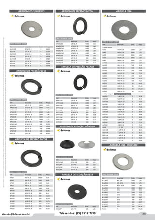 205atacado@belenus.com.br Televendas: (19) 3517.7200
Preçosválidossomenteparaoestadodesãopaulo.Ofertasválidasaté30/06/2016ouenquantoduraremosestoques,exclusivamenteparafaturamentodafilialdoestadodesãopaulo.tributaçãoicmsconformelegislaçãovigente.Produtoscomipidestacado
estarãosujeitosàacréscimodepreçodeacordocomalíquota.Imagemmeramenteilustrativa.Reservamo-nosodireitodecorrigireventuaiserrosgráficosoudedigitação,bemcomoalteraçãodepreçossemprévioaviso.
ARRUELA DE PRESSÃO MEDIA
Cód . Descrição Emb. Preço
APME1/8ZI 1/8 FE. ZB 5000 0,53
APME5/32ZI 5/32 FE. ZB 5000 0,64
APME3/16ZI 3/16 FE. ZB 5000 1,04
APME1/4ZI 1/4 FE. ZB 2000 2,27
APME5/16ZI 5/16 FE. ZB 1000 2,86
APME3/8ZI 3/8 FE. ZB 1000 6,09
APME1/2ZI 1/2 FE. ZB 500 10,63
APME5/8ZI 5/8 FE. ZB 200 17,95
APME3/4ZI 3/4 FE. ZB 200 30,33
ARRUELA DE PRESSÃO LEVE
Cód . Descrição Emb. Preço
APLE1/8ZI 1/8 FE. ZB 5000 0,61
APLE5/32ZI 5/32 FE. ZB 5000 0,61
APLE3/16ZI 3/16 FE. ZB 5000 0,77
APLE1/4ZI 1/4 FE. ZB 2000 1,28
APLE5/16ZI 5/16 FE. ZB 1000 2,06
APLE3/8ZI 3/8 FE. ZB 1000 3,23
APLE7/16ZI 7/16 FE. ZB 1000 5,21
APLE1/2ZI 1/2 FE. ZB 500 6,60
APLE9/16ZI 9/16 FE. ZB 500 11,22
APLE5/8ZI 5/8 FE. ZB 200 12,20
APLE3/4ZI 3/4 FE. ZB 200 17,89
APLE7/8ZI 7/8 FE. ZB 100 24,11
APLE1ZI 1 FE. ZB 100 41,47
ARRUELA DE FUNILEIRO
Cód . Descrição Emb. Preço
ALF3/16ZI 3/16 FE. ZI 5 24,22
ALF1/4ZI 1/4 FE. ZI 5 21,93
ALF5/16ZI 5/16 FE. ZI 5 20,08
ALF3/8ZI 3/8 FE. ZI 5 19,58
ALF7/16ZI 7/16 FE. ZI 5 17,84
ALF1/2ZI 1/2 FE. ZI 5 17,84
ALF5/8ZI 5/8 FE. ZI 5 19,98
ALF3/4ZI 3/4 FE. ZI 5 19,98
UNID. DE VENDA: QUILO
UNID. DE VENDA: CENTO
UNID. DE VENDA: CENTO
UNID. DE VENDA: CENTO
ARRUELA DE PRESSÃO MÉDIA
Cód . Descrição Emb. Preço
AP3ZI M3 FE. ZB 10000 0,40
AP4ZI M4 FE. ZB 5000 0,69
AP5ZI M5 FE. ZB 5000 1,04
AP6ZI M6 FE. ZB 2000 1,87
AP8ZI M8 FE. ZB 1000 3,95
AP10ZI M10 FE. ZB 1000 5,79
AP12ZI M12 FE. ZB 500 8,49
AP14ZI M14 FE. ZB 500 14,23
AP16ZI M16 FE. ZB 200 20,78
AP18ZI M18 FE. ZB 200 24,73
AP20ZI M20 FE. ZB 200 33,98
AP22ZI M22 FE. ZB 100 35,06
AP24ZI M24 FE. ZB 100 59,65
UNID. DE VENDA: CENTO
ARRUELA DE PRESSÃO PESADA
Cód . Descrição Emb. Preço
APPE1/4ZI 1/4 FE. ZB 2000 2,75
APPE5/16ZI 5/16 FE. ZB 1000 4,57
APPE3/8ZI 3/8 FE. ZB 1000 7,88
APPE7/16ZI 7/16 FE. ZB 1000 9,80
APPE1/2ZI 1/2 FE. ZB 500 16,13
APPE9/16ZI 9/16 FE. ZB 500 19,23
APPE5/8ZI 5/8 FE. ZB 200 25,08
APPE3/4ZI 3/4 FE. ZB 200 44,19
APPE7/8ZI 7/8 FE. ZB 100 62,12
APPE1ZI 1 FE. ZB 100 96,15
ARRUELA DE VEDAÇÃO CÔNCAVA
Cód . Descrição Emb. Preço
AVT5/16PV 5/16 PVC 100 4,21
AVT1/4PV 1/4 PVC 100 4,21
AVT5/16ZI 5/16 FE. ZB 100 4,27
AVT1/4ZI 1/4 FE. ZB 100 4,27
UNID. DE VENDA: CENTO
ARRUELA DE VEDAÇÃO RETA
Cód . Descrição Emb. Preço
AVR1/4PV 1/4 PVC 100 3,85
UNID. DE VENDA: CENTO
ARRUELA LISA
Cód . Descrição Emb. Preço
• Linha Métrica
AL3ZI M3 FE. ZB 10000 1,15
AL4ZI M4 FE. ZB 5000 1,55
AL5ZI M5 FE. ZB 5000 2,08
AL6ZI M6 FE. ZB 2000 3,07
AL8ZI M8 FE. ZB 1000 5,15
AL10ZI M10 FE. ZB 1000 8,57
AL12ZI M12 FE. ZB 500 13,19
AL14ZI M14 FE. ZB 500 19,25
AL16ZI M16 FE. ZB 200 25,86
AL18ZI M18 FE. ZB 200 37,20
AL20ZI M20 FE. ZB 200 41,10
AL22ZI M22 FE. ZB 100 43,31
AL24ZI M24 FE. ZB 100 77,21
AL27ZI M27 FE. ZB 50 84,92
AL30ZI M30 FE. ZB 50 135,02
AL33ZI M33 FE. ZB 50 234,19
AL36ZI M36 FE. ZB 50 275,53
• Linha Polegada
AL1/8ZI 1/8 FE. ZB 5 32,36
AL5/32ZI 5/32 FE. ZB 5 28,44
AL3/16ZI 3/16 FE. ZB 5 22,62
AL1/4ZI 1/4 FE. ZB 5 18,37
AL5/16ZI 5/16 FE. ZB 5 17,06
AL3/8ZI 3/8 FE. ZB 5 16,21
AL7/16ZI 7/16 FE. ZB 5 15,89
AL1/2ZI 1/2 FE. ZB 5 16,88
AL9/16ZI 9/16 FE. ZB 5 16,88
AL5/8ZI 5/8 FE. ZB 5 16,88
AL3/4ZI 3/4 FE. ZB 5 17,31
AL7/8ZI 7/8 FE. ZB 5 17,31
AL1ZI 1 FE. ZB 5 17,31
AL1-1/8ZI 1-1/8 FE. ZB 5 18,21
AL1-1/4ZI 1-1/4 FE. ZB 5 18,21
AL1-3/8ZI 1-3/8 FE. ZB 5 19,84
AL1-1/2ZI 1-1/2 FE. ZB 5 19,84
AL2`ZI 2' FE. ZB 5 19,84
UNID. DE VENDA: CENTO
UNID. DE VENDA: QUILO
ARRUELA LISA - INOX 304
Cód . Descrição Emb. Preço
AL1/8A2 #5 - 1/8 5000 6,56
AL5/32A2 #8 - 5/32 5000 6,76
AL3/16A2 #10 - 3/16 5000 6,88
AL1/4A2 1/4 2000 13,21
AL5/16A2 5/16 1000 14,94
AL3/8A2 3/8 1000 17,92
AL7/16A2 7/16 1000 25,51
AL1/2A2 1/2 500 53,87
AL9/16A2 9/16 500 62,54
AL5/8A2 5/8 200 80,97
AL3/4A2 3/4 200 103,74
AL7/8A2 7/8 100 148,36
AL1A2 1 100 191,66
UNID. DE VENDA: CENTO
 