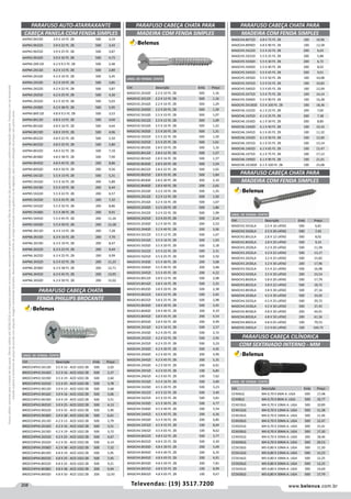 208 www.belenus.com.brTelevendas: (19) 3517.7200
Preçosválidossomenteparaoestadodesãopaulo.Ofertasválidasaté30/06/2016ouenquantoduraremosestoques,exclusivamenteparafaturamentodafilialdoestadodesãopaulo.tributaçãoicmsconformelegislaçãovigente.Produtoscomipidestacado
estarãosujeitosàacréscimodepreçodeacordocomalíquota.Imagemmeramenteilustrativa.Reservamo-nosodireitodecorrigireventuaiserrosgráficosoudedigitação,bemcomoalteraçãodepreçossemprévioaviso.
AAPN3.9X19ZI 3.9 X 19 FE. ZB 500 3,19
AAPN3.9X22ZI 3.9 X 22 FE. ZB 500 3,43
AAPN3.9X25ZI 3.9 X 25 FE. ZB 500 3,87
AAPN3.9X32ZI 3.9 X 32 FE. ZB 500 4,73
AAPN4.2X9.5ZI 4.2 X 9.5 FE. ZB 500 2,48
AAPN4.2X13ZI 4.2 X 13 FE. ZB 500 2,89
AAPN4.2X16ZI 4.2 X 16 FE. ZB 500 3,45
AAPN4.2X19ZI 4.2 X 19 FE. ZB 500 3,85
AAPN4.2X22ZI 4.2 X 22 FE. ZB 500 3,87
AAPN4.2X25ZI 4.2 X 25 FE. ZB 500 4,30
AAPN4.2X32ZI 4.2 X 32 FE. ZB 500 5,03
AAPN4.2X38ZI 4.2 X 38 FE. ZB 500 5,95
AAPN4.8X9.5ZI 4.8 X 9.5 FE. ZB 500 3,53
AAPN4.8X13ZI 4.8 X 13 FE. ZB 500 4,04
AAPN4.8X16ZI 4.8 X 16 FE. ZB 500 4,64
AAPN4.8X19ZI 4.8 X 19 FE. ZB 500 4,96
AAPN4.8X22ZI 4.8 X 22 FE. ZB 500 5,50
AAPN4.8X25ZI 4.8 X 25 FE. ZB 500 5,80
AAPN4.8X32ZI 4.8 X 32 FE. ZB 500 7,10
AAPN4.8X38ZI 4.8 X 38 FE. ZB 500 7,90
AAPN4.8X45ZI 4.8 X 45 FE. ZB 200 8,86
AAPN4.8X50ZI 4.8 X 50 FE. ZB 200 9,56
AAPN5.5X13ZI 5.5 X 13 FE. ZB 500 5,31
AAPN5.5X16ZI 5.5 X 16 FE. ZB 200 5,80
AAPN5.5X19ZI 5.5 X 19 FE. ZB 200 6,44
AAPN5.5X22ZI 5.5 X 22 FE. ZB 200 6,57
AAPN5.5X25ZI 5.5 X 25 FE. ZB 200 7,32
AAPN5.5X32ZI 5.5 X 32 FE. ZB 200 8,86
AAPN5.5X38ZI 5.5 X 38 FE. ZB 200 9,91
AAPN5.5X45ZI 5.5 X 45 FE. ZB 200 11,26
AAPN5.5X50ZI 5.5 X 50 FE. ZB 200 12,28
AAPN6.3X13ZI 6.3 X 13 FE. ZB 200 7,28
AAPN6.3X16ZI 6.3 X 16 FE. ZB 200 7,70
AAPN6.3X19ZI 6.3 X 19 FE. ZB 200 8,47
AAPN6.3X22ZI 6.3 X 22 FE. ZB 200 9,44
AAPN6.3X25ZI 6.3 X 25 FE. ZB 200 9,99
AAPN6.3X32ZI 6.3 X 32 FE. ZB 200 11,23
AAPN6.3X38ZI 6.3 X 38 FE. ZB 200 12,71
AAPN6.3X45ZI 6.3 X 45 FE. ZB 200 13,95
AAPN6.3X50ZI 6.3 X 50 FE. ZB 200 15,02
PARAFUSO AUTO-ATARRAXANTE
CABEÇA PANELA COM FENDA SIMPLES
PARAFUSO CABEÇA CHATA
Cód . Descrição Emb. Preço
BROCCHPH3.5X13ZI 3.5 X 13 - ACO 1022 ZB 500 2,02
BROCCHPH3.5X16ZI 3.5 X 16 - ACO 1022 ZB 500 2,37
BROCCHPH3.5X19ZI 3.5 X 19 - ACO 1022 ZB 500 2,60
BROCCHPH3.5X25ZI 3.5 X 25 - ACO 1022 ZB 500 3,78
BROCCHPH3.9X13ZI 3.9 X 13 - ACO 1022 ZB 500 2,68
BROCCHPH3.9X16ZI 3.9 X 16 - ACO 1022 ZB 500 3,06
BROCCHPH3.9X19ZI 3.9 X 19 - ACO 1022 ZB 500 3,51
BROCCHPH3.9X25ZI 3.9 X 25 - ACO 1022 ZB 500 4,13
BROCCHPH3.9X32ZI 3.9 X 32 - ACO 1022 ZB 500 5,90
BROCCHPH3.9X38ZI 3.9 X 38 - ACO 1022 ZB 500 6,61
BROCCHPH4.2X13ZI 4.2 X 13 - ACO 1022 ZB 500 2,79
BROCCHPH4.2X16ZI 4.2 X 16 - ACO 1022 ZB 500 3,51
BROCCHPH4.2X19ZI 4.2 X 19 - ACO 1022 ZB 500 3,72
BROCCHPH4.2X25ZI 4.2 X 25 - ACO 1022 ZB 500 4,67
BROCCHPH4.2X32ZI 4.2 X 32 - ACO 1022 ZB 500 6,14
BROCCHPH4.2X38ZI 4.2 X 38 - ACO 1022 ZB 500 7,32
BROCCHPH4.8X19ZI 4.8 X 19 - ACO 1022 ZB 500 5,95
BROCCHPH4.8X25ZI 4.8 X 25 - ACO 1022 ZB 500 7,45
BROCCHPH4.8X32ZI 4.8 X 32 - ACO 1022 ZB 500 9,21
BROCCHPH4.8X38ZI 4.8 X 38 - ACO 1022 ZB 200 9,94
BROCCHPH4.8X50ZI 4.8 X 50 - ACO 1022 ZB 200 12,93
FENDA PHILLIPS BROCANTE
UNID. DE VENDA: CENTO
MADCH4.8X75ZI 4.8 X 75 FE. ZB 100 10,96
MADCH4.8X90ZI 4.8 X 90 FE. ZB 100 12,58
MADCH5.5X22ZI 5.5 X 22 FE. ZB 200 6,03
MADCH5.5X25ZI 5.5 X 25 FE. ZB 200 5,88
MADCH5.5X30ZI 5.5 X 30 FE. ZB 200 6,72
MADCH5.5X40ZI 5.5 X 40 FE. ZB 200 8,02
MADCH5.5X45ZI 5.5 X 45 FE. ZB 200 9,01
MADCH5.5X50ZI 5.5 X 50 FE. ZB 100 10,08
MADCH5.5X55ZI 5.5 X 55 FE. ZB 100 10,82
MADCH5.5X65ZI 5.5 X 65 FE. ZB 100 12,09
MADCH5.5X75ZI 5.5 X 75 FE. ZB 100 14,14
MADCH5.5X90ZI 5.5 X 90 FE. ZB 100 16,28
MADCH5.5X100ZI 5.5 X 100 FE. ZB 100 18,36
MADCH6.1X22ZI 6.1 X 22 FE. ZB 200 7,00
MADCH6.1X25ZI 6.1 X 25 FE. ZB 200 7,38
MADCH6.1X30ZI 6.1 X 30 FE. ZB 200 8,80
MADCH6.1X40ZI 6.1 X 40 FE. ZB 100 10,16
MADCH6.1X45ZI 6.1 X 45 FE. ZB 100 11,32
MADCH6.1X50ZI 6.1 X 50 FE. ZB 100 12,60
MADCH6.1X55ZI 6.1 X 55 FE. ZB 100 13,14
MADCH6.1X65ZI 6.1 X 65 FE. ZB 100 15,47
MADCH6.1X75ZI 6.1 X 75 FE. ZB 100 17,12
MADCH6.1X90ZI 6.1 X 90 FE. ZB 100 21,01
MADCH6.1X100ZI 6.1 X 100 FE. ZB 100 23,68
PARAFUSO CABEÇA CHATA PARA
MADEIRA COM FENDA SIMPLES
PARAFUSO CABEÇA CHATA PARA
MADEIRA COM FENDA SIMPLES
UNID. DE VENDA: CENTO
Cód . Descrição Emb. Preço
MADCH2.2X10ZI 2.2 X 10 FE. ZB 500 1,16
MADCH2.2X12ZI 2.2 X 12 FE. ZB 500 1,16
MADCH2.2X16ZI 2.2 X 16 FE. ZB 500 1,29
MADCH2.2X20ZI 2.2 X 20 FE. ZB 500 1,39
MADCH2.5X10ZI 2.5 X 10 FE. ZB 500 1,07
MADCH2.5X12ZI 2.5 X 12 FE. ZB 500 1,09
MADCH2.5X16ZI 2.5 X 16 FE. ZB 500 1,22
MADCH2.5X20ZI 2.5 X 20 FE. ZB 500 1,31
MADCH2.5X22ZI 2.5 X 22 FE. ZB 500 1,50
MADCH2.5X25ZI 2.5 X 25 FE. ZB 500 1,61
MADCH2.8X10ZI 2.8 X 10 FE. ZB 500 1,16
MADCH2.8X12ZI 2.8 X 12 FE. ZB 500 1,27
MADCH2.8X16ZI 2.8 X 16 FE. ZB 500 1,37
MADCH2.8X20ZI 2.8 X 20 FE. ZB 500 1,54
MADCH2.8X22ZI 2.8 X 22 FE. ZB 500 1,65
MADCH2.8X25ZI 2.8 X 25 FE. ZB 500 1,84
MADCH2.8X30ZI 2.8 X 30 FE. ZB 200 2,10
MADCH2.8X40ZI 2.8 X 40 FE. ZB 200 2,65
MADCH3.2X10ZI 3.2 X 10 FE. ZB 500 1,35
MADCH3.2X12ZI 3.2 X 12 FE. ZB 500 1,50
MADCH3.2X16ZI 3.2 X 16 FE. ZB 500 1,67
MADCH3.2X20ZI 3.2 X 20 FE. ZB 500 1,86
MADCH3.2X22ZI 3.2 X 22 FE. ZB 500 1,99
MADCH3.2X25ZI 3.2 X 25 FE. ZB 500 2,14
MADCH3.2X30ZI 3.2 X 30 FE. ZB 200 2,53
MADCH3.2X40ZI 3.2 X 40 FE. ZB 200 3,06
MADCH3.5X12ZI 3.5 X 12 FE. ZB 500 1,67
MADCH3.5X16ZI 3.5 X 16 FE. ZB 500 1,93
MADCH3.5X20ZI 3.5 X 20 FE. ZB 500 2,18
MADCH3.5X22ZI 3.5 X 22 FE. ZB 500 2,31
MADCH3.5X25ZI 3.5 X 25 FE. ZB 500 2,50
MADCH3.5X30ZI 3.5 X 30 FE. ZB 200 3,08
MADCH3.5X40ZI 3.5 X 40 FE. ZB 200 3,68
MADCH3.5X45ZI 3.5 X 45 FE. ZB 200 4,22
MADCH3.8X12ZI 3.8 X 12 FE. ZB 500 2,08
MADCH3.8X16ZI 3.8 X 16 FE. ZB 500 2,25
MADCH3.8X20ZI 3.8 X 20 FE. ZB 500 2,38
MADCH3.8X22ZI 3.8 X 22 FE. ZB 500 2,65
MADCH3.8X25ZI 3.8 X 25 FE. ZB 500 2,98
MADCH3.8X30ZI 3.8 X 30 FE. ZB 500 3,45
MADCH3.8X40ZI 3.8 X 40 FE. ZB 200 4,19
MADCH3.8X45ZI 3.8 X 45 FE. ZB 200 4,54
MADCH3.8X50ZI 3.8 X 50 FE. ZB 200 4,99
MADCH4.2X16ZI 4.2 X 16 FE. ZB 500 2,57
MADCH4.2X20ZI 4.2 X 20 FE. ZB 500 2,72
MADCH4.2X22ZI 4.2 X 22 FE. ZB 500 2,95
MADCH4.2X25ZI 4.2 X 25 FE. ZB 500 3,23
MADCH4.2X30ZI 4.2 X 30 FE. ZB 500 4,05
MADCH4.2X40ZI 4.2 X 40 FE. ZB 200 4,99
MADCH4.2X45ZI 4.2 X 45 FE. ZB 200 5,35
MADCH4.2X50ZI 4.2 X 50 FE. ZB 200 6,01
MADCH4.2X55ZI 4.2 X 55 FE. ZB 100 6,85
MADCH4.2X65ZI 4.2 X 65 FE. ZB 100 7,62
MADCH4.5X16ZI 4.5 X 16 FE. ZB 500 3,00
MADCH4.5X20ZI 4.5 X 20 FE. ZB 500 3,23
MADCH4.5X22ZI 4.5 X 22 FE. ZB 500 3,40
MADCH4.5X25ZI 4.5 X 25 FE. ZB 500 3,81
MADCH4.5X30ZI 4.5 X 30 FE. ZB 500 4,77
MADCH4.5X40ZI 4.5 X 40 FE. ZB 200 5,54
MADCH4.5X45ZI 4.5 X 45 FE. ZB 200 6,36
MADCH4.5X50ZI 4.5 X 50 FE. ZB 200 6,85
MADCH4.5X55ZI 4.5 X 55 FE. ZB 100 8,04
MADCH4.5X65ZI 4.5 X 65 FE. ZB 100 8,62
MADCH4.8X22ZI 4.8 X 22 FE. ZB 500 3,77
MADCH4.8X25ZI 4.8 X 25 FE. ZB 500 4,30
MADCH4.8X30ZI 4.8 X 30 FE. ZB 200 5,09
MADCH4.8X40ZI 4.8 X 40 FE. ZB 200 6,35
MADCH4.8X45ZI 4.8 X 45 FE. ZB 200 6,91
MADCH4.8X50ZI 4.8 X 50 FE. ZB 200 7,81
MADCH4.8X55ZI 4.8 X 55 FE. ZB 100 8,99
MADCH4.8X65ZI 4.8 X 65 FE. ZB 100 9,67
UNID. DE VENDA: CENTO
Cód . Descrição Emb. Preço
MADCH2.5X16LA 2.5 X 16 LATAO 500 6,81
MADCH2.5X20LA 2.5 X 20 LATAO 500 7,42
MADCH2.8X12LA 2.8 X 12 LATAO 500 8,02
MADCH2.8X20LA 2.8 X 20 LATAO 500 9,33
MADCH3.2X20LA 3.2 X 20 LATAO 500 11,58
MADCH3.2X22LA 3.2 X 22 LATAO 500 13,17
MADCH3.2X25LA 3.2 X 25 LATAO 500 15,82
MADCH3.2X30LA 3.2 X 30 LATAO 200 17,96
MADCH3.5X22LA 3.5 X 22 LATAO 500 16,98
MADCH3.5X30LA 3.5 X 30 LATAO 200 23,54
MADCH3.8X20LA 3.8 X 20 LATAO 500 17,79
MADCH3.8X22LA 3.8 X 22 LATAO 500 18,72
MADCH3.8X30LA 3.8 X 30 LATAO 500 27,16
MADCH4.2X30LA 4.2 X 30 LATAO 500 33,02
MADCH4.5X25LA 4.5 X 25 LATAO 500 29,72
MADCH4.5X30LA 4.5 X 30 LATAO 500 37,45
MADCH4.8X30LA 4.8 X 30 LATAO 200 44,91
MADCH4.8X50LA 4.8 X 50 LATAO 200 61,56
MADCH4.8X65LA 4.8 X 65 LATAO 100 79,53
MADCH5.5X65LA 5.5 X 65 LATAO 100 104,72
PARAFUSO CABEÇA CHATA PARA
MADEIRA COM FENDA SIMPLES
PARAFUSO CABEÇA CILÍNDRICA
COM SEXTAVADO INTERNO - MM
UNID. DE VENDA: CENTO
Cód . Descrição Emb. Preço
CC4X6LG M4-0,70 X 6MA A. LIGA 500 17,48
CC4X8LG M4-0,70 X 8MA A. LIGA 500 10,77
CC4X10LG M4-0,70 X 10MA A. LIGA 500 10,89
CC4X12LG M4-0,70 X 12MA A. LIGA 500 11,38
CC4X16LG M4-0,70 X 16MA A. LIGA 500 11,46
CC4X20LG M4-0,70 X 20MA A. LIGA 500 12,47
CC4X25LG M4-0,70 X 25MA A. LIGA 500 15,41
CC4X30LG M4-0,70 X 30MA A. LIGA 500 17,30
CC4X35LG M4-0,70 X 35MA A. LIGA 200 18,46
CC4X40LG M4-0,70 X 40MA A. LIGA 200 20,53
CC5X10LG M5-0,80 X 10MA A. LIGA 500 11,50
CC5X12LG M5-0,80 X 12MA A. LIGA 500 12,23
CC5X16LG M5-0,80 X 16MA A. LIGA 500 12,25
CC5X20LG M5-0,80 X 20MA A. LIGA 500 12,25
CC5X25LG M5-0,80 X 25MA A. LIGA 500 14,00
CC5X30LG M5-0,80 X 30MA A. LIGA 500 17,79
 
