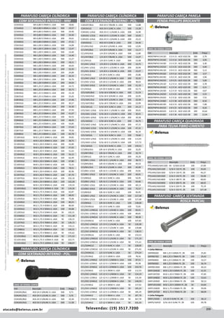 209atacado@belenus.com.br Televendas: (19) 3517.7200
Preçosválidossomenteparaoestadodesãopaulo.Ofertasválidasaté30/06/2016ouenquantoduraremosestoques,exclusivamenteparafaturamentodafilialdoestadodesãopaulo.tributaçãoicmsconformelegislaçãovigente.Produtoscomipidestacado
estarãosujeitosàacréscimodepreçodeacordocomalíquota.Imagemmeramenteilustrativa.Reservamo-nosodireitodecorrigireventuaiserrosgráficosoudedigitação,bemcomoalteraçãodepreçossemprévioaviso.
PARAFUSO CABEÇA SEXTAVADA
ROSCA PARCIAL
Cód . Descrição Emb. Preço
• Linha Métrica
SXRP8X60ZI M8-1,25 X 60MA FE. ZB 100 25,81
SXRP8X70ZI M8-1,25 X 70MA FE. ZB 100 29,42
SXRP8X80ZI M8-1,25 X 80MA FE. ZB 100 33,57
SXRP8X90ZI M8-1,25 X 90MA FE. ZB 100 36,74
SXRP8X100ZI M8-1,25 X 100MA FE. ZB 100 40,33
SXRP10X60ZI M10-1,50 X 60MA FE. ZB 100 41,91
SXRP10X70ZI M10-1,50 X 70MA FE. ZB 100 47,85
SXRP10X80ZI M10-1,50 X 80MA FE. ZB 100 53,63
SXRP10X90ZI M10-1,50 X 90MA FE. ZB 100 59,53
SXRP10X100ZI M10-1,50 X 100MA FE. ZB 50 64,84
SXRP12X60ZI M12-1,75 X 60MA FE. ZB 50 59,96
SXRP12X70ZI M12-1,75 X 70MA FE. ZB 50 68,09
• Linha Polegada
SXRP1/4X4ZI 1/4-20 X 4UNC FE. ZB 100 28,12
SXRP5/16X5ZI 5/16-18 X 5UNC FE. ZB 100 49,78
UNID. DE VENDA: CENTO
Cód . Descrição Emb. Preço
BROCPNPH3.5X13ZI 3.5 X 13 - ACO 1022 ZB 500 2,79
BROCPNPH3.5X16ZI 3.5 X 16 - ACO 1022 ZB 500 3,06
BROCPNPH3.5X19ZI 3.5 X 19 - ACO 1022 ZB 500 3,30
BROCPNPH3.5X25ZI 3.5 X 25 - ACO 1022 ZB 500 4,00
BROCPNPH3.9X13ZI 3.9 X 13 - ACO 1022 ZB 500 3,12
BROCPNPH3.9X16ZI 3.9 X 16 - ACO 1022 ZB 500 3,57
BROCPNPH3.9X19ZI 3.9 X 19 - ACO 1022 ZB 500 3,96
BROCPNPH3.9X25ZI 3.9 X 25 - ACO 1022 ZB 500 5,00
BROCPNPH4.2X13ZI 4.2 X 13 - ACO 1022 ZB 500 3,78
BROCPNPH4.2X16ZI 4.2 X 16 - ACO 1022 ZB 500 4,21
BROCPNPH4.2X19ZI 4.2 X 19 - ACO 1022 ZB 500 4,67
BROCPNPH4.2X25ZI 4.2 X 25 - ACO 1022 ZB 500 5,55
BROCPNPH4.2X32ZI 4.2 X 32 - ACO 1022 ZB 500 7,55
BROCPNPH4.2X38ZI 4.2 X 38 - ACO 1022 ZB 500 8,50
BROCPNPH4.8X19ZI 4.8 X 19 - ACO 1022 ZB 500 7,08
BROCPNPH4.8X25ZI 4.8 X 25 - ACO 1022 ZB 500 8,26
BROCPNPH4.8X32ZI 4.8 X 32 - ACO 1022 ZB 200 10,62
BROCPNPH4.8X38ZI 4.8 X 38 - ACO 1022 ZB 200 12,04
PARAFUSO CABEÇA PANELA
FENDA PHILLIPS BROCANTE
UNID. DE VENDA: CENTO
UNID. DE VENDA: CENTO
PARAFUSO CABEÇA CILÍNDRICA
PARAFUSO CABEÇA CILÍNDRICA
COM SEXTAVADO INTERNO - POL.
COM SEXTAVADO INTERNO - POL.
CC#10X7/8LG #10-24 X 7/8UNC A. LIGA 500 12,88
CC#10X1LG #10-24 X 1UNC A. LIGA 500 13,28
CC#10X1-1/4LG #10-24 X 1-1/4UNC A. LIGA 500 16,90
CC#10X1-1/2LG #10-24 X 1-1/2UNC A. LIGA 500 19,92
CC#10X1-3/4LG #10-24 X 1-3/4UNC A. LIGA 200 23,22
CC#10X2LG #10-24 X 2UNC A. LIGA 200 24,46
CC1/4X1/2LG 1/4-20 X 1/2UNC A. LIGA 500 12,05
CC1/4X5/8LG 1/4-20 X 5/8UNC A. LIGA 500 12,17
CC1/4X3/4LG 1/4-20 X 3/4UNC A. LIGA 500 12,80
CC1/4X7/8LG 1/4-20 X 7/8UNC A. LIGA 500 14,07
CC1/4X1LG 1/4-20 X 1UNC A. LIGA 500 15,48
CC1/4X1-1/4LG 1/4-20 X 1-1/4UNC A. LIGA 200 16,75
CC1/4X1-1/2LG 1/4-20 X 1-1/2UNC A. LIGA 200 20,99
CC1/4X1-3/4LG 1/4-20 X 1-3/4UNC A. LIGA 200 23,97
CC1/4X2LG 1/4-20 X 2UNC A. LIGA 200 25,86
CC1/4X2-1/4LG 1/4-20 X 2-1/4UNC A. LIGA 200 32,02
CC1/4X2-1/2LG 1/4-20 X 2-1/2UNC A. LIGA 200 38,03
CC1/4X2-3/4LG 1/4-20 X 2-3/4UNC A. LIGA 100 51,19
CC1/4X3LG 1/4-20 X 3UNC A. LIGA 100 52,73
CC5/16X5/8LG 5/16-18 X 5/8UNC A. LIGA 500 21,54
CC5/16X3/4LG 5/16-18 X 3/4UNC A. LIGA 200 22,05
CC5/16X1/2LG 5/16-18 X 1/2UNC A. LIGA 500 22,58
CC5/16X7/8LG 5/16-18 X 7/8UNC A. LIGA 200 23,99
CC5/16X1LG 5/16-18 X 1UNC A. LIGA 200 24,12
CC5/16X1-1/4LG 5/16-18 X 1-1/4UNC A. LIGA 200 29,01
CC5/16X1-1/2LG 5/16-18 X 1-1/2UNC A. LIGA 200 30,41
CC5/16X1-3/4LG 5/16-18 X 1-3/4UNC A. LIGA 200 34,58
CC5/16X2LG 5/16-18 X 2UNC A. LIGA 200 36,75
CC5/16X2-1/4LG 5/16-18 X 2-1/4UNC A. LIGA 200 47,15
CC5/16X2-1/2LG 5/16-18 X 2-1/2UNC A. LIGA 100 47,31
CC5/16X2-3/4LG 5/16-18 X 2-3/4UNC A. LIGA 100 56,10
CC5/16X3LG 5/16-18 X 3UNC A. LIGA 100 74,60
CC5/16X3-1/4LG 5/16-18 X 3-1/4UNC A. LIGA 100 113,45
CC5/16X3-1/2LG 5/16-18 X 3-1/2UNC A. LIGA 100 117,72
CC5/16X4LG 5/16-18 X 4UNC A. LIGA 100 159,51
CC3/8X3/4LG 3/8-16 X 3/4UNC A. LIGA 200 32,05
CC3/8X7/8LG 3/8-16 X 7/8UNC A. LIGA 200 32,74
CC3/8X1LG 3/8-16 X 1UNC A. LIGA 200 34,20
CC3/8X1-1/4LG 3/8-16 X 1-1/4UNC A. LIGA 200 38,72
CC3/8X5/8LG 3/8-16 X 5/8UNC A. LIGA 200 40,33
CC3/8X1/2LG 3/8-16 X 1/2UNC A. LIGA 200 42,09
CC3/8X1-1/2LG 3/8-16 X 1-1/2UNC A. LIGA 200 43,81
CC3/8X1-3/4LG 3/8-16 X 1-3/4UNC A. LIGA 200 49,91
CC3/8X2LG 3/8-16 X 2UNC A. LIGA 200 54,95
CC3/8X2-1/4LG 3/8-16 X 2-1/4UNC A. LIGA 100 64,66
CC3/8X2-1/2LG 3/8-16 X 2-1/2UNC A. LIGA 100 69,13
CC3/8X2-3/4LG 3/8-16 X 2-3/4UNC A. LIGA 100 75,57
CC3/8X3LG 3/8-16 X 3UNC A. LIGA 100 94,95
CC3/8X3-1/4LG 3/8-16 X 3-1/4UNC A. LIGA 100 127,38
CC3/8X3-1/2LG 3/8-16 X 3-1/2UNC A. LIGA 100 127,48
CC3/8X4LG 3/8-16 X 4UNC A. LIGA 100 138,68
CC1/2X1NCLG 1/2-13 X 1UNC A. LIGA 100 72,81
CC1/2X1-1/4NCLG 1/2-13 X 1-1/4UNC A. LIGA 100 83,01
CC1/2X1-1/2NCLG 1/2-13 X 1-1/2UNC A. LIGA 100 89,81
CC1/2X1-3/4NCLG 1/2-13 X 1-3/4UNC A. LIGA 100 98,58
CC1/2X2NCLG 1/2-13 X 2UNC A. LIGA 100 107,85
CC1/2X2-1/4NCLG 1/2-13 X 2-1/4UNC A. LIGA 50 120,38
CC1/2X2-1/2NCLG 1/2-13 X 2-1/2UNC A. LIGA 50 129,88
CC1/2X2-3/4NCLG 1/2-13 X 2-3/4UNC A. LIGA 50 138,55
CC1/2X3NCLG 1/2-13 X 3UNC A. LIGA 50 153,53
CC1/2X3-1/4NCLG 1/2-13 X 3-1/4UNC A. LIGA 50 171,19
CC1/2X3-1/2NCLG 1/2-13 X 3-1/2UNC A. LIGA 50 171,21
CC1/2X4NCLG 1/2-13 X 4UNC A. LIGA 50 228,00
CC1/2X4-1/2NCLG 1/2-13 X 4-1/2UNC A. LIGA 50 271,42
CC1/2X5NCLG 1/2-13 X 5UNC A. LIGA 50 274,24
CC1/2X1WLG 1/2-12 X 1BSW A. LIGA 100 78,56
CC1/2X1-1/4WLG 1/2-12 X 1-1/4BSW A. LIGA 100 87,51
CC1/2X1-1/2WLG 1/2-12 X 1-1/2BSW A. LIGA 100 95,38
CC1/2X1-3/4WLG 1/2-12 X 1-3/4BSW A. LIGA 100 103,76
CC1/2X2WLG 1/2-12 X 2BSW A. LIGA 100 112,33
CC1/2X2-1/4WLG 1/2-12 X 2-1/4BSW A. LIGA 50 124,19
CC1/2X2-1/2WLG 1/2-12 X 2-1/2BSW A. LIGA 50 135,30
CC1/2X2-3/4WLG 1/2-12 X 2-3/4BSW A. LIGA 50 148,59
CC1/2X3WLG 1/2-12 X 3BSW A. LIGA 50 157,92
CC1/2X3-1/4WLG 1/2-12 X 3-1/4BSW A. LIGA 50 185,24
CC1/2X3-1/2WLG 1/2-12 X 3-1/2BSW A. LIGA 50 185,29
CC1/2X4WLG 1/2-12 X 4BSW A. LIGA 50 287,78
CC1/2X4-1/2WLG 1/2-12 X 4-1/2BSW A. LIGA 50 367,78
CC1/2X5WLG 1/2-12 X 5BSW A. LIGA 50 426,30
PARAFUSO CABEÇA QUADRADA
PARA TELHA FIBRO-CIMENTO
UNID. DE VENDA: CENTO
Cód . Descrição Emb. Preço
PTELHASX5/16X110ZI SX - 5/16X110 ZB 100 27,90
PTELHA5/16X110ZI 5/16 X 110 FE. ZB 100 35,83
PTELHA5/16X130ZI 5/16 X 130 FE. ZB 100 44,27
PTELHA5/16X150ZI 5/16 X 150 FE. ZB 100 50,08
PTELHA5/16X180ZI 5/16 X 180 FE. ZB 100 60,83
PTELHA5/16X200ZI 5/16 X 200 FE. ZB 100 68,02
PTELHA5/16X220ZI 5/16 X 220 FE. ZB 100 75,19
PTELHA5/16X310ZI 5/16 X 310 FE. ZB 100 107,48
CC5X35LG M5-0,80 X 35MA A. LIGA 500 18,82
CC5X40LG M5-0,80 X 40MA A. LIGA 500 19,57
CC5X45LG M5-0,80 X 45MA A. LIGA 500 24,40
CC5X50LG M5-0,80 X 50MA A. LIGA 500 24,40
CC5X55LG M5-0,80 X 55MA A. LIGA 200 34,61
CC5X60LG M5-0,80 X 60MA A. LIGA 200 37,31
CC6X10LG M6-1,00 X 10MA A. LIGA 500 14,06
CC6X12LG M6-1,00 X 12MA A. LIGA 500 13,47
CC6X16LG M6-1,00 X 16MA A. LIGA 500 14,40
CC6X20LG M6-1,00 X 20MA A. LIGA 500 14,40
CC6X25LG M6-1,00 X 25MA A. LIGA 500 15,27
CC6X30LG M6-1,00 X 30MA A. LIGA 200 18,11
CC6X35LG M6-1,00 X 35MA A. LIGA 200 20,02
CC6X40LG M6-1,00 X 40MA A. LIGA 200 22,35
CC6X45LG M6-1,00 X 45MA A. LIGA 200 24,89
CC6X50LG M6-1,00 X 50MA A. LIGA 200 26,32
CC6X55LG M6-1,00 X 55MA A. LIGA 200 34,76
CC6X60LG M6-1,00 X 60MA A. LIGA 200 39,64
CC8X12LG M8-1,25 X 12MA A. LIGA 200 24,72
CC8X16LG M8-1,25 X 16MA A. LIGA 200 20,73
CC8X20LG M8-1,25 X 20MA A. LIGA 200 23,18
CC8X25LG M8-1,25 X 25MA A. LIGA 200 25,05
CC8X30LG M8-1,25 X 30MA A. LIGA 200 27,96
CC8X35LG M8-1,25 X 35MA A. LIGA 200 30,57
CC8X40LG M8-1,25 X 40MA A. LIGA 200 34,30
CC8X45LG M8-1,25 X 45MA A. LIGA 200 37,93
CC8X50LG M8-1,25 X 50MA A. LIGA 200 41,07
CC8X55LG M8-1,25 X 55MA A. LIGA 100 44,52
CC8X60LG M8-1,25 X 60MA A. LIGA 100 48,05
CC8X65LG M8-1,25 X 65MA A. LIGA 100 54,85
CC8X70LG M8-1,25 X 70MA A. LIGA 100 57,63
CC8X75LG M8-1,25 X 75MA A. LIGA 100 79,56
CC8X80LG M8-1,25 X 80MA A. LIGA 100 83,78
CC10X16LG M10-1,50 X 16MA A. LIGA 200 39,82
CC10X20LG M10-1,50 X 20MA A. LIGA 200 38,75
CC10X25LG M10-1,50 X 25MA A. LIGA 200 42,89
CC10X30LG M10-1,50 X 30MA A. LIGA 100 47,05
CC10X35LG M10-1,50 X 35MA A. LIGA 100 51,63
CC10X40LG M10-1,50 X 40MA A. LIGA 100 56,15
CC10X45LG M10-1,50 X 45MA A. LIGA 100 62,49
CC10X50LG M10-1,50 X 50MA A. LIGA 100 67,80
CC10X55LG M10-1,50 X 55MA A. LIGA 100 72,33
CC10X60LG M10-1,50 X 60MA A. LIGA 100 78,51
CC10X65LG M10-1,50 X 65MA A. LIGA 100 82,96
CC10X70LG M10-1,50 X 70MA A. LIGA 100 87,79
CC10X75LG M10-1,50 X 75MA A. LIGA 100 102,10
CC10X80LG M10-1,50 X 80MA A. LIGA 100 102,28
CC10X90LG M10-1,50 X 90MA A. LIGA 100 119,33
CC10X100LG M10-1,50 X 100MA A. LIGA 50 134,36
CC12X25LG M12-1,75 X 25MA A. LIGA 100 62,87
CC12X30LG M12-1,75 X 30MA A. LIGA 100 68,93
CC12X35LG M12-1,75 X 35MA A. LIGA 100 75,06
CC12X40LG M12-1,75 X 40MA A. LIGA 100 80,23
CC12X45LG M12-1,75 X 45MA A. LIGA 100 86,69
CC12X50LG M12-1,75 X 50MA A. LIGA 100 93,08
CC12X55LG M12-1,75 X 55MA A. LIGA 50 102,31
CC12X60LG M12-1,75 X 60MA A. LIGA 50 111,18
CC12X65LG M12-1,75 X 65MA A. LIGA 50 120,15
CC12X70LG M12-1,75 X 70MA A. LIGA 50 126,15
CC12X75LG M12-1,75 X 75MA A. LIGA 50 133,11
CC12X80LG M12-1,75 X 80MA A. LIGA 50 140,31
CC12X90LG M12-1,75 X 90MA A. LIGA 50 155,62
CC12X100LG M12-1,75 X 100MA A. LIGA 50 171,52
CC12X110LG M12-1,75 X 110MA A. LIGA 50 222,71
CC12X120LG M12-1,75 X 120MA A. LIGA 50 238,07
PARAFUSO CABEÇA CILÍNDRICA
COM SEXTAVADO INTERNO - MM
Cód . Descrição Emb. Preço
CC#10X3/8LG #10-24 X 3/8UNC A. LIGA 500 9,71
CC#10X1/2LG #10-24 X 1/2UNC A. LIGA 500 9,76
CC#10X5/8LG #10-24 X 5/8UNC A. LIGA 500 10,30
CC#10X3/4LG #10-24 X 3/4UNC A. LIGA 500 11,58
 