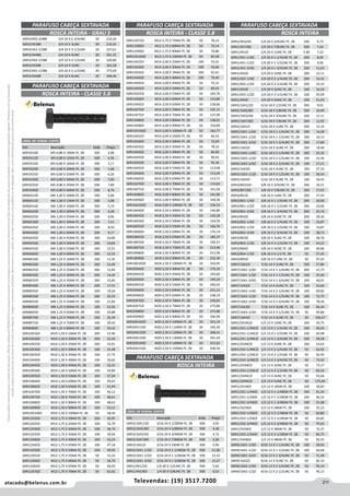 211atacado@belenus.com.br Televendas: (19) 3517.7200
Preçosválidossomenteparaoestadodesãopaulo.Ofertasválidasaté30/06/2016ouenquantoduraremosestoques,exclusivamenteparafaturamentodafilialdoestadodesãopaulo.tributaçãoicmsconformelegislaçãovigente.Produtoscomipidestacado
estarãosujeitosàacréscimodepreçodeacordocomalíquota.Imagemmeramenteilustrativa.Reservamo-nosodireitodecorrigireventuaiserrosgráficosoudedigitação,bemcomoalteraçãodepreçossemprévioaviso.
PARAFUSO CABEÇA SEXTAVADA
ROSCA INTEIRA - CLASSE 5.8
UNID. DE VENDA: CENTO
Cód . Descrição Emb. Preço
SXRI5X10ZI M5-0,80 X 10MA FE. ZB 500 4,08
SXRI5X12ZI M5-0,80 X 12MA FE. ZB 500 4,56
SXRI5X16ZI M5-0,80 X 16MA FE. ZB 500 5,17
SXRI5X20ZI M5-0,80 X 20MA FE. ZB 500 5,68
SXRI5X25ZI M5-0,80 X 25MA FE. ZB 500 6,26
SXRI5X30ZI M5-0,80 X 30MA FE. ZB 500 7,00
SXRI5X35ZI M5-0,80 X 35MA FE. ZB 500 7,89
SXRI5X40ZI M5-0,80 X 40MA FE. ZB 500 8,76
SXRI6X10ZI M6-1,00 X 10MA FE. ZB 500 5,06
SXRI6X12ZI M6-1,00 X 12MA FE. ZB 500 5,08
SXRI6X16ZI M6-1,00 X 16MA FE. ZB 500 5,70
SXRI6X20ZI M6-1,00 X 20MA FE. ZB 500 6,28
SXRI6X25ZI M6-1,00 X 25MA FE. ZB 500 6,66
SXRI6X30ZI M6-1,00 X 30MA FE. ZB 200 7,51
SXRI6X35ZI M6-1,00 X 35MA FE. ZB 200 8,50
SXRI6X40ZI M6-1,00 X 40MA FE. ZB 200 9,17
SXRI6X45ZI M6-1,00 X 45MA FE. ZB 200 10,00
SXRI6X50ZI M6-1,00 X 50MA FE. ZB 200 10,83
SXRI6X55ZI M6-1,00 X 55MA FE. ZB 200 12,51
SXRI6X60ZI M6-1,00 X 60MA FE. ZB 200 12,52
SXRI8X16ZI M8-1,25 X 16MA FE. ZB 200 11,35
SXRI8X20ZI M8-1,25 X 20MA FE. ZB 200 12,49
SXRI8X25ZI M8-1,25 X 25MA FE. ZB 200 12,83
SXRI8X30ZI M8-1,25 X 30MA FE. ZB 200 14,44
SXRI8X35ZI M8-1,25 X 35MA FE. ZB 200 15,85
SXRI8X40ZI M8-1,25 X 40MA FE. ZB 200 17,51
SXRI8X45ZI M8-1,25 X 45MA FE. ZB 200 19,26
SXRI8X50ZI M8-1,25 X 50MA FE. ZB 200 20,33
SXRI8X55ZI M8-1,25 X 55MA FE. ZB 100 21,83
SXRI8X60ZI M8-1,25 X 60MA FE. ZB 100 23,56
SXRI8X65ZI M8-1,25 X 65MA FE. ZB 100 24,88
SXRI8X70ZI M8-1,25 X 70MA FE. ZB 100 26,39
SXRI8X75ZI M8-1,25 X 75MA FE. ZB 100 29,42
SXRI8X80ZI M8-1,25 X 80MA FE. ZB 100 29,42
SXRI10X16ZI M10-1,50 X 16MA FE. ZB 200 21,46
SXRI10X20ZI M10-1,50 X 20MA FE. ZB 200 22,59
SXRI10X25ZI M10-1,50 X 25MA FE. ZB 200 22,91
SXRI10X30ZI M10-1,50 X 30MA FE. ZB 100 25,48
SXRI10X35ZI M10-1,50 X 35MA FE. ZB 100 27,75
SXRI10X40ZI M10-1,50 X 40MA FE. ZB 100 30,02
SXRI10X45ZI M10-1,50 X 45MA FE. ZB 100 32,31
SXRI10X50ZI M10-1,50 X 50MA FE. ZB 100 34,89
SXRI10X55ZI M10-1,50 X 55MA FE. ZB 100 37,24
SXRI10X60ZI M10-1,50 X 60MA FE. ZB 100 39,01
SXRI10X65ZI M10-1,50 X 65MA FE. ZB 100 41,95
SXRI10X70ZI M10-1,50 X 70MA FE. ZB 100 44,12
SXRI10X75ZI M10-1,50 X 75MA FE. ZB 100 48,61
SXRI10X80ZI M10-1,50 X 80MA FE. ZB 100 48,61
SXRI10X90ZI M10-1,50 X 90MA FE. ZB 100 53,11
SXRI10X100ZI M10-1,50 X 100MA FE. ZB 50 58,45
SXRI12X20ZI M12-1,75 X 20MA FE. ZB 200 30,95
SXRI12X25ZI M12-1,75 X 25MA FE. ZB 100 32,79
SXRI12X30ZI M12-1,75 X 30MA FE. ZB 100 36,74
SXRI12X35ZI M12-1,75 X 35MA FE. ZB 100 39,94
SXRI12X40ZI M12-1,75 X 40MA FE. ZB 100 43,23
SXRI12X45ZI M12-1,75 X 45MA FE. ZB 100 47,18
SXRI12X50ZI M12-1,75 X 50MA FE. ZB 100 49,95
SXRI12X55ZI M12-1,75 X 55MA FE. ZB 50 53,32
SXRI12X60ZI M12-1,75 X 60MA FE. ZB 50 56,70
SXRI12X65ZI M12-1,75 X 65MA FE. ZB 50 60,05
SXRI12X70ZI M12-1,75 X 70MA FE. ZB 50 63,42
PARAFUSO CABEÇA SEXTAVADA
ROSCA INTEIRA - CLASSE 5.8
SXRI12X75ZI M12-1,75 X 75MA FE. ZB 50 70,12
SXRI12X80ZI M12-1,75 X 80MA FE. ZB 50 70,14
SXRI12X90ZI M12-1,75 X 90MA FE. ZB 50 76,86
SXRI12X100ZI M12-1,75 X 100MA FE. ZB 50 83,58
SXRI14X25ZI M14-2,00 X 25MA FE. ZB 100 55,01
SXRI14X30ZI M14-2,00 X 30MA FE. ZB 100 59,66
SXRI14X35ZI M14-2,00 X 35MA FE. ZB 100 65,41
SXRI14X40ZI M14-2,00 X 40MA FE. ZB 100 70,40
SXRI14X45ZI M14-2,00 X 45MA FE. ZB 50 75,31
SXRI14X50ZI M14-2,00 X 50MA FE. ZB 50 80,43
SXRI14X55ZI M14-2,00 X 55MA FE. ZB 50 105,76
SXRI14X60ZI M14-2,00 X 60MA FE. ZB 50 110,86
SXRI14X65ZI M14-2,00 X 65MA FE. ZB 50 118,66
SXRI14X70ZI M14-2,00 X 70MA FE. ZB 50 125,11
SXRI14X75ZI M14-2,00 X 75MA FE. ZB 50 137,99
SXRI14X80ZI M14-2,00 X 80MA FE. ZB 50 138,01
SXRI14X90ZI M14-2,00 X 90MA FE. ZB 50 150,89
SXRI14X100ZI M14-2,00 X 100MA FE. ZB 50 163,77
SXRI16X25ZI M16-2,00 X 25MA FE. ZB 50 66,53
SXRI16X30ZI M16-2,00 X 30MA FE. ZB 50 72,69
SXRI16X35ZI M16-2,00 X 35MA FE. ZB 50 78,16
SXRI16X40ZI M16-2,00 X 40MA FE. ZB 50 84,66
SXRI16X45ZI M16-2,00 X 45MA FE. ZB 50 90,02
SXRI16X50ZI M16-2,00 X 50MA FE. ZB 50 95,36
SXRI16X55ZI M16-2,00 X 55MA FE. ZB 50 113,48
SXRI16X60ZI M16-2,00 X 60MA FE. ZB 50 113,69
SXRI16X65ZI M16-2,00 X 65MA FE. ZB 50 113,71
SXRI16X70ZI M16-2,00 X 70MA FE. ZB 50 119,83
SXRI16X75ZI M16-2,00 X 75MA FE. ZB 50 141,04
SXRI16X80ZI M16-2,00 X 80MA FE. ZB 50 141,06
SXRI16X90ZI M16-2,00 X 90MA FE. ZB 50 144,30
SXRI16X100ZI M16-2,00 X 100MA FE. ZB 50 156,53
SXRI18X40ZI M18-2,50 X 40MA FE. ZB 50 140,80
SXRI18X45ZI M18-2,50 X 45MA FE. ZB 50 150,18
SXRI18X50ZI M18-2,50 X 50MA FE. ZB 50 154,50
SXRI18X55ZI M18-2,50 X 55MA FE. ZB 50 166,76
SXRI18X60ZI M18-2,50 X 60MA FE. ZB 20 176,14
SXRI18X65ZI M18-2,50 X 65MA FE. ZB 20 185,37
SXRI18X70ZI M18-2,50 X 70MA FE. ZB 20 194,57
SXRI18X75ZI M18-2,50 X 75MA FE. ZB 20 213,96
SXRI18X80ZI M18-2,50 X 80MA FE. ZB 20 213,96
SXRI18X90ZI M18-2,50 X 90MA FE. ZB 20 232,36
SXRI18X100ZI M18-2,50 X 100MA FE. ZB 20 250,95
SXRI20X40ZI M20-2,50 X 40MA FE. ZB 50 179,10
SXRI20X45ZI M20-2,50 X 45MA FE. ZB 50 193,60
SXRI20X50ZI M20-2,50 X 50MA FE. ZB 50 199,29
SXRI20X55ZI M20-2,50 X 55MA FE. ZB 50 209,45
SXRI20X60ZI M20-2,50 X 60MA FE. ZB 20 221,12
SXRI20X65ZI M20-2,50 X 65MA FE. ZB 20 238,19
SXRI20X70ZI M20-2,50 X 70MA FE. ZB 20 249,65
SXRI20X75ZI M20-2,50 X 75MA FE. ZB 20 273,86
SXRI20X80ZI M20-2,50 X 80MA FE. ZB 20 273,86
SXRI20X90ZI M20-2,50 X 90MA FE. ZB 20 296,99
SXRI20X100ZI M20-2,50 X 100MA FE. ZB 20 321,19
SXRI20X110ZI M20-2,50 X 110MA FE. ZB 20 345,40
SXRI20X120ZI M20-2,50 X 120MA FE. ZB 20 368,31
SXRI20X130ZI M20-2,50 X 130MA FE. ZB 20 391,44
SXRI20X140ZI M20-2,50 X 140MA FE. ZB 20 415,65
SXRI20X150ZI M20-2,50 X 150MA FE. ZB 20 438,56
PARAFUSO CABEÇA SEXTAVADA
ROSCA INTEIRA
PARAFUSO CABEÇA SEXTAVADA
ROSCA INTEIRA
UNID. DE VENDA: CENTO
SXRI1/4X3/4ZI 1/4-20 X 3/4UNC FE. ZB 500 6,73
SXRI1/4X7/8ZI 1/4-20 X 7/8UNC FE. ZB 500 7,24
SXRI1/4X1ZI 1/4-20 X 1UNC FE. ZB 5 00 7,32
SXRI1/4X1-1/4ZI 1/4-20 X 1-1/4UNC FE. ZB 200 8,69
SXRI1/4X1-1/2ZI 1/4-20 X 1-1/2UNC FE. ZB 200 9,96
SXRI1/4X1-3/4ZI 1/4-20 X 1-3/4UNC FE. ZB 200 11,03
SXRI1/4X2ZI 1/4-20 X 2UNC FE. ZB 200 12,11
SXRI1/4X2-1/4ZI 1/4-20 X 2-1/4UNC FE. ZB 200 14,32
SXRI1/4X2-1/2ZI 1/4-20 X 2-1/2UNC FE. ZB 200 14,33
SXRI1/4X3ZI 1/4-20 X 3UNC FE. ZB 100 16,50
SXRI1/4X3-1/2ZI 1/4-20 X 3-1/2UNC FE. ZB 100 45,09
SXRI1/4X4ZI 1/4-20 X 4UNC FE. ZB 100 51,03
SXRI5/16X1/2ZI 5/16-18 X 1/2UNC FE. ZB 500 9,92
SXRI5/16X5/8ZI 5/16-18 X 5/8UNC FE. ZB 500 10,90
SXRI5/16X3/4ZI 5/16-18 X 3/4UNC FE. ZB 200 11,11
SXRI5/16X7/8ZI 5/16-18 X 7/8UNC FE. ZB 200 11,92
SXRI5/16X1ZI 5/16-18 X 1UNC FE. ZB 200 12,14
SXRI5/16X1-1/4ZI 5/16-18 X 1-1/4UNC FE. ZB 200 14,09
SXRI5/16X1-1/2ZI 5/16-18 X 1-1/2UNC FE. ZB 200 16,13
SXRI5/16X1-3/4ZI 5/16-18 X 1-3/4UNC FE. ZB 200 17,80
SXRI5/16X2ZI 5/16-18 X 2UNC FE. ZB 200 19,40
SXRI5/16X2-1/4ZI 5/16-18 X 2-1/4UNC FE. ZB 200 23,32
SXRI5/16X2-1/2ZI 5/16-18 X 2-1/2UNC FE. ZB 100 23,34
SXRI5/16X2-3/4ZI 5/16-18 X 2-3/4UNC FE. ZB 100 27,21
SXRI5/16X3ZI 5/16-18 X 3UNC FE. ZB 100 27,23
SXRI5/16X3-1/2ZI 5/16-18 X 3-1/2UNC FE. ZB 100 30,54
SXRI5/16X4ZI 5/16-18 X 4UNC FE. ZB 100 34,43
SXRI3/8X3/4ZI 3/8-16 X 3/4UNC FE. ZB 200 16,51
SXRI3/8X7/8ZI 3/8-16 X 7/8UNC FE. ZB 200 17,03
SXRI3/8X1ZI 3/8-16 X 1UNC FE. ZB 200 17,43
SXRI3/8X1-1/4ZI 3/8-16 X 1-1/4UNC FE. ZB 200 20,90
SXRI3/8X1-1/2ZI 3/8-16 X 1-1/2UNC FE. ZB 200 24,06
SXRI3/8X1-3/4ZI 3/8-16 X 1-3/4UNC FE. ZB 200 25,16
SXRI3/8X2ZI 3/8-16 X 2UNC FE. ZB 200 28,36
SXRI3/8X2-1/4ZI 3/8-16 X 2-1/4UNC FE. ZB 100 33,87
SXRI3/8X2-1/2ZI 3/8-16 X 2-1/2UNC FE. ZB 100 33,87
SXRI3/8X2-3/4ZI 3/8-16 X 2-3/4UNC FE. ZB 100 38,73
SXRI3/8X3ZI 3/8-16 X 3UNC FE. ZB 100 38,76
SXRI3/8X3-1/2ZI 3/8-16 X 3-1/2UNC FE. ZB 100 44,22
SXRI3/8X4ZI 3/8-16 X 4UNC FE. ZB 100 49,86
SXRI3/8X4-1/2ZI 3/8-16 X 4-1/2 FE. ZB 50 57,45
SXRI3/8X5ZI 3/8-16 X 5 UNC FE. ZB 50 97,63
SXRI7/16X1ZI 7/16-14 X 1UNC FE. ZB 200 27,80
SXRI7/16X1-1/4ZI 7/16-14 X 1-1/4UNC FE. ZB 200 31,73
SXRI7/16X1-1/2ZI 7/16-14 X 1-1/2UNC FE. ZB 100 35,69
SXRI7/16X1-3/4ZI 7/16-14 X 1-3/4UNC FE. ZB 100 40,01
SXRI7/16X2ZI 7/16-14 X 2UNC FE. ZB 100 43,66
SXRI7/16X2-1/4ZI 7/16-14 X 2-1/4UNC FE. ZB 100 69,82
SXRI7/16X2-1/2ZI 7/16-14 X 2-1/2UNC FE. ZB 100 72,75
SXRI7/16X2-3/4ZI 7/16-14 X 2-3/4UNC FE. ZB 100 78,46
SXRI7/16X3ZI 7/16-14 X 3UNC FE. ZB 100 84,34
SXRI7/16X3-1/2ZI 7/16-14 X 3-1/2UNC FE. ZB 50 95,80
SXRI7/16X4ZI 7/16-14 X 4UNC FE. ZB 50 106,67
SXRI1/2X1NCZI 1/2-13 X 1UNC FE. ZB 100 35,75
SXRI1/2X1-1/4NCZI 1/2-13 X 1-1/4UNC FE. ZB 100 40,03
SXRI1/2X1-1/2NCZI 1/2-13 X 1-1/2UNC FE. ZB 100 44,98
SXRI1/2X1-3/4NCZI 1/2-13 X 1-3/4UNC FE. ZB 100 49,58
SXRI1/2X2NCZI 1/2-13 X 2UNC FE. ZB 100 53,63
SXRI1/2X2-1/4NCZI 1/2-13 X 2-1/4UNC FE. ZB 50 62,92
SXRI1/2X2-1/2NCZI 1/2-13 X 2-1/2UNC FE. ZB 50 62,94
SXRI1/2X2-3/4NCZI 1/2-13 X 2-3/4UNC FE. ZB 50 73,42
SXRI1/2X3NCZI 1/2-13 X 3UNC FE. ZB 50 73,17
SXRI1/2X3-1/2NCZI 1/2-13 X 3-1/2UNC FE. ZB 50 83,24
SXRI1/2X4NCZI 1/2-13 X 4UNC FE. ZB 50 92,66
SXRI1/2X5NCZI 1/2-13 X 5UNC FE. ZB 50 175,66
SXRI1/2X1WZI 1/2-12 X 1BSW FE. ZB 100 36,83
SXRI1/2X1-1/4WZI 1/2-12 X 1-1/4BSW FE. ZB 100 41,24
SXRI1/2X1-1/2WZI 1/2-12 X 1-1/2BSW FE. ZB 100 46,32
SXRI1/2X1-3/4WZI 1/2-12 X 1-3/4BSW FE. ZB 100 51,08
SXRI1/2X2WZI 1/2-12 X 2BSW FE. ZB 100 55,23
SXRI1/2X2-1/4WZI 1/2-12 X 2-1/4BSW FE. ZB 50 64,80
SXRI1/2X2-1/2WZI 1/2-12 X 2-1/2BSW FE. ZB 50 64,82
SXRI1/2X2-3/4WZI 1/2-12 X 2-3/4BSW FE. ZB 50 75,63
SXRI1/2X3WZI 1/2-12 X 3BSW FE. ZB 50 75,37
SXRI1/2X3-1/2WZI 1/2-12 X 3-1/2BSW FE. ZB 50 85,75
SXRI1/2X4WZI 1/2-12 X 4BSW FE. ZB 50 95,45
SXRI9/16X1-1/4ZI 9/16-12 X 1-1/4UNC FE. ZB 100 59,05
SXRI9/16X1-1/2ZI 9/16-12 X 1-1/2UNC FE. ZB 100 66,68
SXRI9/16X1-3/4ZI 9/16-12 X 1-3/4UNC FE. ZB 50 71,48
SXRI9/16X2ZI 9/16-12 X 2UNC FE. ZB 50 82,33
SXRI9/16X2-1/4ZI 9/16-12 X 2-1/4UNC FE. ZB 50 95,10
SXRI9/16X2-1/2ZI 9/16-12 X 2-1/2UNC FE. ZB 50 95,13
PARAFUSO CABEÇA SEXTAVADA
ROSCA INTEIRA - GRAU 5
SXRI3/4X2-3/488 3/4-10 X 2-3/4UNC 50 214,26
SXRI3/4X388 3/4-10 X 3UNC 20 214,45
SXRI3/4X3-1/288 3/4-10 X 3-1/2UNC 20 237,61
SXRI3/4X488 3/4-10 X 4UNC 20 261,35
SXRI3/4X4-1/288 3/4-10 X 4-1/2UNC 20 320,80
SXRI3/4X588 3/4-10 X 5UNC 20 343,58
SXRI3/4X5-1/288 3/4-10 X 5-1/2UNC 20 373,69
SXRI3/4X688 3/4-10 X 6UNC 20 398,40
Cód . Descrição Emb. Preço
SXRI3/16X1/2ZI 3/16-24 X 1/2BSW FE. ZB 500 3,92
SXRI3/16X5/8ZI 3/16-24 X 5/8BSW FE. ZB 500 4,38
SXRI3/16X3/4ZI 3/16-24 X 3/4BSW FE. ZB 500 4,72
SXRI3/16X7/8ZI 3/16-24 X 7/8BSW FE. ZB 500 5,00
SXRI3/16X1ZI 3/16-24 X 1BSW FE. ZB 500 5,40
SXRI3/16X1-1/4ZI 3/16-24 X 1-1/4BSW FE. ZB 500 11,00
SXRI3/16X1-1/2ZI 3/16-24 X 1-1/2BSW FE. ZB 500 12,52
SXRI3/16X1-3/4ZI 3/16-24 X 1-3/4BSW FE. ZB 200 13,67
SXRI1/4X1/2ZI 1/4-20 X 1/2UNC FE. ZB 500 5,62
SXRI1/4X5/8ZI 1/4-20 X 5/8UNC FE. ZB 500 6,53
 