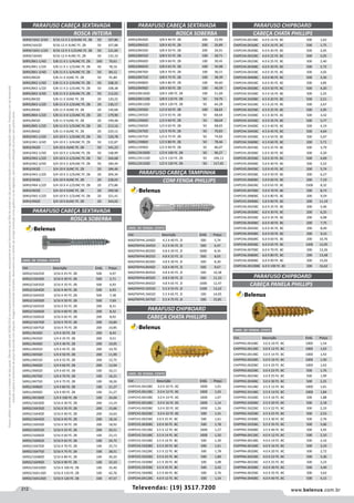 212 www.belenus.com.brTelevendas: (19) 3517.7200
Preçosválidossomenteparaoestadodesãopaulo.Ofertasválidasaté30/06/2016ouenquantoduraremosestoques,exclusivamenteparafaturamentodafilialdoestadodesãopaulo.tributaçãoicmsconformelegislaçãovigente.Produtoscomipidestacado
estarãosujeitosàacréscimodepreçodeacordocomalíquota.Imagemmeramenteilustrativa.Reservamo-nosodireitodecorrigireventuaiserrosgráficosoudedigitação,bemcomoalteraçãodepreçossemprévioaviso.
PARAFUSO CABEÇA SEXTAVADA
ROSCA INTEIRA
SXRI9/16X2-3/4ZI 9/16-12 X 2-3/4UNC FE. ZB 50 107,86
SXRI9/16X3ZI 9/16-12 X 3UNC FE. ZB 50 107,88
SXRI9/16X3-1/2ZI 9/16-12 X 3-1/2UNC FE. ZB 50 121,60
SXRI9/16X4ZI 9/16-12 X 4UNC FE. ZB 50 135,33
SXRI5/8X1-1/4ZI 5/8-11 X 1-1/4UNC FE. ZB 100 70,61
SXRI5/8X1-1/2ZI 5/8-11 X 1-1/2UNC FE. ZB 50 78,16
SXRI5/8X1-3/4ZI 5/8-11 X 1-3/4UNC FE. ZB 50 84,12
SXRI5/8X2ZI 5/8-11 X 2UNC FE. ZB 50 91,80
SXRI5/8X2-1/4ZI 5/8-11 X 2-1/4UNC FE. ZB 50 108,35
SXRI5/8X2-1/2ZI 5/8-11 X 2-1/2UNC FE. ZB 50 108,38
SXRI5/8X2-3/4ZI 5/8-11 X 2-3/4UNC FE. ZB 50 112,63
SXRI5/8X3ZI 5/8-11 X 3UNC FE. ZB 20 120,22
SXRI5/8X3-1/2ZI 5/8-11 X 3-1/2UNC FE. ZB 20 136,17
SXRI5/8X4ZI 5/8-11 X 4UNC FE. ZB 20 149,68
SXRI5/8X4-1/2ZI 5/8-11 X 4-1/2UNC FE. ZB 20 179,90
SXRI5/8X5ZI 5/8-11 X 5UNC FE. ZB 20 199,48
SXRI5/8X5-1/2ZI 5/8-11 X 5-1/2UNC FE. ZB 20 213,16
SXRI5/8X6ZI 5/8-11 X 6UNC FE. ZB 20 229,12
SXRI3/4X1-1/2ZI 3/4-10 X 1-1/2UNC FE. ZB 50 120,78
SXRI3/4X1-3/4ZI 3/4-10 X 1-3/4UNC FE. ZB 50 132,87
SXRI3/4X2ZI 3/4-10 X 2UNC FE. ZB 50 141,23
SXRI3/4X2-1/4ZI 3/4-10 X 2-1/4UNC FE. ZB 50 148,99
SXRI3/4X2-1/2ZI 3/4-10 X 2-1/2UNC FE. ZB 50 164,68
SXRI3/4X2-3/4ZI 3/4-10 X 2-3/4UNC FE. ZB 50 184,44
SXRI3/4X3ZI 3/4-10 X 3UNC FE. ZB 20 184,46
SXRI3/4X3-1/2ZI 3/4-10 X 3-1/2UNC FE. ZB 20 204,34
SXRI3/4X4ZI 3/4-10 X 4UNC FE. ZB 20 228,03
SXRI3/4X4-1/2ZI 3/4-10 X 4-1/2UNC FE. ZB 20 273,86
SXRI3/4X5ZI 3/4-10 X 5UNC FE. ZB 20 299,58
SXRI3/4X5-1/2ZI 3/4-10 X 5-1/2UNC FE. ZB 20 321,41
SXRI3/4X6ZI 3/4-10 X 6UNC FE. ZB 20 343,02
PARAFUSO CABEÇA SEXTAVADA
ROSCA SOBERBA
UNID. DE VENDA: CENTO
Cód . Descrição Emb. Preço
SXRS3/16X25ZI 3/16 X 25 FE. ZB 500 4,97
SXRS3/16X30ZI 3/16 X 30 FE. ZB 500 5,71
SXRS3/16X35ZI 3/16 X 35 FE. ZB 500 6,93
SXRS3/16X40ZI 3/16 X 40 FE. ZB 500 6,93
SXRS3/16X45ZI 3/16 X 45 FE. ZB 500 7,38
SXRS3/16X50ZI 3/16 X 50 FE. ZB 500 7,69
SXRS3/16X55ZI 3/16 X 55 FE. ZB 200 8,31
SXRS3/16X60ZI 3/16 X 60 FE. ZB 200 8,32
SXRS3/16X65ZI 3/16 X 65 FE. ZB 200 8,92
SXRS3/16X70ZI 3/16 X 70 FE. ZB 200 10,84
SXRS3/16X75ZI 3/16 X 75 FE. ZB 200 10,85
SXRS1/4X30ZI 1/4 X 30 FE. ZB 200 8,43
SXRS1/4X35ZI 1/4 X 35 FE. ZB 200 9,51
SXRS1/4X40ZI 1/4 X 40 FE. ZB 200 10,05
SXRS1/4X45ZI 1/4 X 45 FE. ZB 200 10,70
SXRS1/4X50ZI 1/4 X 50 FE. ZB 200 11,99
SXRS1/4X55ZI 1/4 X 55 FE. ZB 200 12,75
SXRS1/4X60ZI 1/4 X 60 FE. ZB 200 13,94
SXRS1/4X65ZI 1/4 X 65 FE. ZB 100 16,11
SXRS1/4X70ZI 1/4 X 70 FE. ZB 100 16,21
SXRS1/4X75ZI 1/4 X 75 FE. ZB 100 18,26
SXRS1/4X80ZI 1/4 X 80 FE. ZB 100 21,27
SXRS1/4X90ZI 1/4 X 90 FE. ZB 100 21,27
SXRS1/4X100ZI 1/4 X 100 FE. ZB 100 24,04
SXRS5/16X30ZI 5/16 X 30 FE. ZB 200 13,19
SXRS5/16X35ZI 5/16 X 35 FE. ZB 200 15,66
SXRS5/16X40ZI 5/16 X 40 FE. ZB 200 16,63
SXRS5/16X45ZI 5/16 X 45 FE. ZB 200 18,16
SXRS5/16X50ZI 5/16 X 50 FE. ZB 200 18,92
SXRS5/16X55ZI 5/16 X 55 FE. ZB 200 20,51
SXRS5/16X60ZI 5/16 X 60 FE. ZB 100 23,13
SXRS5/16X65ZI 5/16 X 65 FE. ZB 100 24,75
SXRS5/16X70ZI 5/16 X 70 FE. ZB 100 25,73
SXRS5/16X75ZI 5/16 X 75 FE. ZB 100 28,51
SXRS5/16X80ZI 5/16 X 80 FE. ZB 100 30,20
SXRS5/16X90ZI 5/16 X 90 FE. ZB 100 33,10
SXRS5/16X100ZI 5/16 X 100 FE. ZB 100 35,40
SXRS5/16X110ZI 5/16 X 110 FE. ZB 100 42,76
SXRS5/16X120ZI 5/16 X 120 FE. ZB 100 47,57
SXRS3/8X40ZI 3/8 X 40 FE. ZB 200 23,99
SXRS3/8X45ZI 3/8 X 45 FE. ZB 200 26,89
SXRS3/8X50ZI 3/8 X 50 FE. ZB 200 26,91
SXRS3/8X55ZI 3/8 X 55 FE. ZB 100 28,71
SXRS3/8X60ZI 3/8 X 60 FE. ZB 100 30,45
SXRS3/8X65ZI 3/8 X 65 FE. ZB 100 34,98
SXRS3/8X70ZI 3/8 X 70 FE. ZB 100 36,51
SXRS3/8X75ZI 3/8 X 75 FE. ZB 100 38,39
SXRS3/8X80ZI 3/8 X 80 FE. ZB 100 40,60
SXRS3/8X90ZI 3/8 X 90 FE. ZB 100 46,59
SXRS3/8X100ZI 3/8 X 100 FE. ZB 100 51,69
SXRS3/8X110ZI 3/8 X 110 FE. ZB 50 59,76
SXRS3/8X120ZI 3/8 X 120 FE. ZB 50 64,28
SXRS1/2X50ZI 1/2 X 50 FE. ZB 100 68,62
SXRS1/2X55ZI 1/2 X 55 FE. ZB 50 68,64
SXRS1/2X60ZI 1/2 X 60 FE. ZB 50 68,64
SXRS1/2X65ZI 1/2 X 65 FE. ZB 50 68,65
SXRS1/2X70ZI 1/2 X 70 FE. ZB 50 70,83
SXRS1/2X75ZI 1/2 X 75 FE. ZB 50 74,02
SXRS1/2X80ZI 1/2 X 80 FE. ZB 50 78,46
SXRS1/2X90ZI 1/2 X 90 FE. ZB 50 86,07
SXRS1/2X100ZI 1/2 X 100 FE. ZB 50 96,27
SXRS1/2X110ZI 1/2 X 110 FE. ZB 50 106,13
SXRS1/2X120ZI 1/2 X 120 FE. ZB 50 117,45
PARAFUSO CABEÇA SEXTAVADA
ROSCA SOBERBA
PARAFUSO CABEÇA TAMPINHA
COM FENDA PHILLIPS
UNID. DE VENDA: CENTO
Cód . Descrição Emb. Preço
MADTAPH4.2X40ZI 4.2 X 40 FE. ZI 500 5,74
MADTAPH4.2X45ZI 4.2 X 45 FE. ZI 500 6,47
MADTAPH4.8X20ZI 4.8 X 20 FE. ZI 5000 8,34
MADTAPH4.8X25ZI 4.8 X 25 FE. ZI 500 8,05
MADTAPH4.8X30ZI 4.8 X 30 FE. ZI 500 8,30
MADTAPH4.8X40ZI 4.8 X 40 FE. ZI 500 9,67
MADTAPH4.8X45ZI 4.8 X 45 FE. ZI 500 10,38
MADTAPH4.8X50ZI 4.8 X 50 FE. ZI 500 11,10
MADTAPH4.8X65ZI 4.8 X 65 FE. ZI 1000 12,47
MADTAPH5.5X55ZI 5.5 X 55 FE. ZI 1500 13,22
MADTAPH5.5X65ZI 5.5 X 65 FE. ZI 100 14,05
MADTAPH5.5X75ZI 5.5 X 75 FE. ZI 100 15,81
PARAFUSO CHIPBOARD
CABEÇA CHATA PHILLIPS
PARAFUSO CHIPBOARD
CABEÇA CHATA PHILLIPS
UNID. DE VENDA: CENTO
CHIPCH4.0X14BC 4.0 X 14 FE. BC 500 1,63
CHIPCH4.0X16BC 4.0 X 16 FE. BC 500 1,75
CHIPCH4.0X20BC 4.0 X 20 FE. BC 500 2,05
CHIPCH4.0X22BC 4.0 X 22 FE. BC 500 2,05
CHIPCH4.0X25BC 4.0 X 25 FE. BC 500 2,40
CHIPCH4.0X30BC 4.0 X 30 FE. BC 500 2,72
CHIPCH4.0X35BC 4.0 X 35 FE. BC 500 3,02
CHIPCH4.0X40BC 4.0 X 40 FE. BC 500 3,36
CHIPCH4.0X45BC 4.0 X 45 FE. BC 500 3,85
CHIPCH4.0X50BC 4.0 X 50 FE. BC 500 4,20
CHIPCH4.5X16BC 4.5 X 16 FE. BC 500 2,25
CHIPCH4.5X20BC 4.5 X 20 FE. BC 500 2,51
CHIPCH4.5X22BC 4.5 X 22 FE. BC 500 2,67
CHIPCH4.5X25BC 4.5 X 25 FE. BC 500 2,95
CHIPCH4.5X30BC 4.5 X 30 FE. BC 500 3,42
CHIPCH4.5X35BC 4.5 X 35 FE. BC 500 3,77
CHIPCH4.5X40BC 4.5 X 40 FE. BC 500 4,19
CHIPCH4.5X45BC 4.5 X 45 FE. BC 500 4,64
CHIPCH4.5X50BC 4.5 X 50 FE. BC 500 5,07
CHIPCH4.5X60BC 4.5 X 60 FE. BC 200 5,71
CHIPCH5.0X25BC 5.0 X 25 FE. BC 500 3,79
CHIPCH5.0X30BC 5.0 X 30 FE. BC 500 4,20
CHIPCH5.0X35BC 5.0 X 35 FE. BC 500 4,69
CHIPCH5.0X40BC 5.0 X 40 FE. BC 500 5,22
CHIPCH5.0X45BC 5.0 X 45 FE. BC 200 5,74
CHIPCH5.0X50BC 5.0 X 50 FE. BC 200 6,27
CHIPCH5.0X60BC 5.0 X 60 FE. BC 200 7,19
CHIPCH5.0X65BC 5.0 X 65 FE. BC 1500 8,32
CHIPCH5.0X70BC 5.0 X 70 FE. BC 200 8,73
CHIPCH5.0X80BC 5.0 X 80 FE. BC 200 9,59
CHIPCH5.0X90BC 5.0 X 90 FE. BC 200 11,19
CHIPCH6.0X25BC 6.0 X 25 FE. BC 200 5,46
CHIPCH6.0X30BC 6.0 X 30 FE. BC 200 6,25
CHIPCH6.0X35BC 6.0 X 35 FE. BC 200 6,98
CHIPCH6.0X40BC 6.0 X 40 FE. BC 200 7,75
CHIPCH6.0X45BC 6.0 X 45 FE. BC 200 8,49
CHIPCH6.0X50BC 6.0 X 50 FE. BC 200 9,16
CHIPCH6.0X60BC 6.0 X 60 FE. BC 200 10,76
CHIPCH6.0X65BC 6.0 X 65 FE. BC 1200 12,05
CHIPCH6.0X70BC 6.0 X 70 FE. BC 200 12,26
CHIPCH6.0X80BC 6.0 X 80 FE. BC 200 13,48
CHIPCH6.0X90BC 6.0 X 90 FE. BC 200 15,02
CHIPCH6.0X100BC 6.0 X 100 FE. BC 200 16,62
Cód . Descrição Emb. Preço
CHIPCH3.0X10BC 3.0 X 10 FE. BC 1000 1,01
CHIPCH3.0X12BC 3.0 X 12 FE. BC 1000 1,03
CHIPCH3.0X14BC 3.0 X 14 FE. BC 1000 1,07
CHIPCH3.0X16BC 3.0 X 16 FE. BC 1000 1,14
CHIPCH3.0X20BC 3.0 X 20 FE. BC 1000 1,26
CHIPCH3.0X22BC 3.0 X 22 FE. BC 500 1,41
CHIPCH3.0X25BC 3.0 X 25 FE. BC 500 1,61
CHIPCH3.0X30BC 3.0 X 30 FE. BC 500 1,78
CHIPCH3.5X12BC 3.5 X 12 FE. BC 1000 1,27
CHIPCH3.5X14BC 3.5 X 14 FE. BC 1000 1,50
CHIPCH3.5X16BC 3.5 X 16 FE. BC 500 1,39
CHIPCH3.5X20BC 3.5 X 20 FE. BC 500 1,61
CHIPCH3.5X22BC 3.5 X 22 FE. BC 500 1,78
CHIPCH3.5X25BC 3.5 X 25 FE. BC 500 1,89
CHIPCH3.5X30BC 3.5 X 30 FE. BC 500 2,08
CHIPCH3.5X35BC 3.5 X 35 FE. BC 500 2,42
CHIPCH3.5X40BC 3.5 X 40 FE. BC 500 2,76
CHIPCH4.0X12BC 4.0 X 12 FE. BC 500 1,54
PARAFUSO CHIPBOARD
CABEÇA PANELA PHILLIPS
UNID. DE VENDA: CENTO
Cód . Descrição Emb. Preço
CHIPPN3.0X10BC 3.0 X 10 FE. BC 1000 1,54
CHIPPN3.0X12BC 3.0 X 12 FE. BC 1000 1,63
CHIPPN3.0X14BC 3.0 X 14 FE. BC 1000 1,43
CHIPPN3.0X16BC 3.0 X 16 FE. BC 1000 1,50
CHIPPN3.0X20BC 3.0 X 20 FE. BC 1000 1,63
CHIPPN3.0X22BC 3.0 X 22 FE. BC 500 1,76
CHIPPN3.0X25BC 3.0 X 25 FE. BC 500 1,99
CHIPPN3.0X30BC 3.0 X 30 FE. BC 500 2,25
CHIPPN3.5X12BC 3.5 X 12 FE. BC 1000 1,61
CHIPPN3.5X14BC 3.5 X 14 FE. BC 1000 1,84
CHIPPN3.5X16BC 3.5 X 16 FE. BC 500 1,88
CHIPPN3.5X20BC 3.5 X 20 FE. BC 500 2,18
CHIPPN3.5X22BC 3.5 X 22 FE. BC 500 2,33
CHIPPN3.5X25BC 3.5 X 25 FE. BC 500 2,53
CHIPPN3.5X30BC 3.5 X 30 FE. BC 500 2,76
CHIPPN3.5X35BC 3.5 X 35 FE. BC 500 3,06
CHIPPN3.5X40BC 3.5 X 40 FE. BC 500 3,45
CHIPPN4.0X12BC 4.0 X 12 FE. BC 500 2,10
CHIPPN4.0X14BC 4.0 X 14 FE. BC 500 2,16
CHIPPN4.0X16BC 4.0 X 16 FE. BC 500 2,33
CHIPPN4.0X20BC 4.0 X 20 FE. BC 500 2,72
CHIPPN4.0X22BC 4.0 X 22 FE. BC 500 3,36
CHIPPN4.0X25BC 4.0 X 25 FE. BC 500 3,23
CHIPPN4.0X30BC 4.0 X 30 FE. BC 500 3,40
CHIPPN4.0X35BC 4.0 X 35 FE. BC 500 3,62
CHIPPN4.0X40BC 4.0 X 40 FE. BC 500 4,15
 