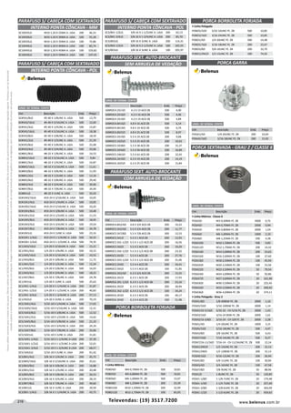 216 www.belenus.com.brTelevendas: (19) 3517.7200
Preçosválidossomenteparaoestadodesãopaulo.Ofertasválidasaté30/06/2016ouenquantoduraremosestoques,exclusivamenteparafaturamentodafilialdoestadodesãopaulo.tributaçãoicmsconformelegislaçãovigente.Produtoscomipidestacado
estarãosujeitosàacréscimodepreçodeacordocomalíquota.Imagemmeramenteilustrativa.Reservamo-nosodireitodecorrigireventuaiserrosgráficosoudedigitação,bemcomoalteraçãodepreçossemprévioaviso.
SC10X25LG M10-1,50 X 25MA A. LIGA 200 46,33
SC10X30LG M10-1,50 X 30MA A. LIGA 100 55,18
SC10X35LG M10-1,50 X 35MA A. LIGA 100 72,86
SC10X40LG M10-1,50 X 40MA A. LIGA 100 82,74
SC10X45LG M10-1,50 X 45MA A. LIGA 100 103,82
SC10X50LG M10-1,50 X 50MA A. LIGA 100 107,45
PARAFUSO S/ CABEÇA COM SEXTAVADO
INTERNO PONTA CÔNCAVA - MM
PARAFUSO S/ CABEÇA COM SEXTAVADO
INTERNO PONTA CÔNCAVA - POL
UNID. DE VENDA: CENTO
Cód . Descrição Emb. Preço
SC#5X1/8LG #5-40 X 1/8UNC A. LIGA 500 13,79
SC#5X3/16LG #5-40 X 3/16UNC A. LIGA 500 12,69
SC#5X1/4LG #5-40 X 1/4UNC A. LIGA 500 15,87
SC#5X5/16LG #5-40 X 5/16UNC A. LIGA 500 18,38
SC#5X3/8LG #5-40 X 3/8UNC A. LIGA 500 18,59
SC#5X1/2LG #5-40 X 1/2UNC A. LIGA 500 21,59
SC#5X5/8LG #5-40 X 5/8UNC A. LIGA 500 25,08
SC#5X3/4LG #5-40 X 3/4UNC A. LIGA 500 33,06
SC#8X1/8LG #8-32 X 1/8UNC A. LIGA 500 16,53
SC#8X3/16LG #8-32 X 3/16UNC A. LIGA 500 9,84
SC#8X1/4LG #8-32 X 1/4UNC A. LIGA 500 10,87
SC#8X5/16LG #8-32 X 5/16UNC A. LIGA 500 11,61
SC#8X3/8LG #8-32 X 3/8UNC A. LIGA 500 11,93
SC#8X1/2LG #8-32 X 1/2UNC A. LIGA 500 12,34
SC#8X5/8LG #8-32 X 5/8UNC A. LIGA 500 29,40
SC#8X3/4LG #8-32 X 3/4UNC A. LIGA 500 30,06
SC#8X7/8LG #8-32 X 7/8UNC A. LIGA 500 34,94
SC#8X1LG #8-32 X 1UNC A. LIGA 500 32,03
SC#10X3/16LG #10-24 X 3/16UNC A. LIGA 500 10,05
SC#10X1/4LG #10-24 X 1/4UNC A. LIGA 500 10,05
SC#10X5/16LG #10-24 X 5/16UNC A. LIGA 500 10,20
SC#10X3/8LG #10-24 X 3/8UNC A. LIGA 500 10,48
SC#10X1/2LG #10-24 X 1/2UNC A. LIGA 500 11,53
SC#10X5/8LG #10-24 X 5/8UNC A. LIGA 500 18,95
SC#10X3/4LG #10-24 X 3/4UNC A. LIGA 500 19,54
SC#10X7/8LG #10-24 X 7/8UNC A. LIGA 500 24,78
SC#10X1LG #10-24 X 1UNC A. LIGA 500 23,16
SC#10X1-1/4LG #10-24 X 1-1/4UNC A. LIGA 500 34,55
SC#10X1-1/2LG #10-24 X 1-1/2UNC A. LIGA 500 74,35
SC1/4X3/16LG 1/4-20 X 3/16UNC A. LIGA 500 15,21
SC1/4X1/4LG 1/4-20 X 1/4UNC A. LIGA 500 10,15
SC1/4X5/16LG 1/4-20 X 5/16UNC A. LIGA 500 10,52
SC1/4X3/8LG 1/4-20 X 3/8UNC A. LIGA 500 11,72
SC1/4X1/2LG 1/4-20 X 1/2UNC A. LIGA 500 12,24
SC1/4X5/8LG 1/4-20 X 5/8UNC A. LIGA 500 16,03
SC1/4X3/4LG 1/4-20 X 3/4UNC A. LIGA 500 18,22
SC1/4X7/8LG 1/4-20 X 7/8UNC A. LIGA 500 24,78
SC1/4X1LG 1/4-20 X 1UNC A. LIGA 500 25,63
SC1/4X1-1/4LG 1/4-20 X 1-1/4UNC A. LIGA 200 31,87
SC1/4X1-1/2LG 1/4-20 X 1-1/2UNC A. LIGA 200 40,83
SC1/4X1-3/4LG 1/4-20 X 1-3/4UNC A. LIGA 200 57,13
SC1/4X2LG 1/4-20 X 2UNC A. LIGA 200 70,19
SC5/16X1/4LG 5/16-18 X 1/4UNC A. LIGA 500 17,63
SC5/16X5/16LG 5/16-18 X 5/16UNC A. LIGA 500 12,31
SC5/16X3/8LG 5/16-18 X 3/8UNC A. LIGA 500 12,52
SC5/16X1/2LG 5/16-18 X 1/2UNC A. LIGA 500 14,62
SC5/16X5/8LG 5/16-18 X 5/8UNC A. LIGA 500 21,10
SC5/16X3/4LG 5/16-18 X 3/4UNC A. LIGA 200 24,34
SC5/16X7/8LG 5/16-18 X 7/8UNC A. LIGA 200 33,06
SC5/16X1LG 5/16-18 X 1UNC A. LIGA 200 31,81
SC5/16X1-1/4LG 5/16-18 X 1-1/4UNC A LIGA 200 37,39
SC5/16X1-1/2LG 5/16-18 X 1-1/2UNC A LIGA 200 52,01
SC5/16X1-3/4LG 5/16-18 X 1-3/4UNC A LIGA 200 68,57
SC5/16X2LG 5/16-18 X 2UNC A. LIGA 200 91,42
SC3/8X1/4LG 3/8-16 X 1/4UNC A. LIGA 200 45,72
SC3/8X5/16LG 3/8-16 X 5/16UNC A. LIGA 200 25,61
SC3/8X3/8LG 3/8-16 X 3/8UNC A. LIGA 200 16,88
SC3/8X1/2LG 3/8-16 X 1/2UNC A. LIGA 200 20,48
SC3/8X5/8LG 3/8-16 X 5/8UNC A. LIGA 200 26,53
SC3/8X3/4LG 3/8-16 X 3/4UNC A. LIGA 200 28,19
SC3/8X7/8LG 3/8-16 X 7/8UNC A. LIGA 200 49,60
SC3/8X1LG 3/8-16 X 1UNC A. LIGA 200 39,59
SC3/8X1-1/4LG 3/8-16 X 1-1/4UNC A. LIGA 200 43,75
SC3/8X1-1/2LG 3/8-16 X 1-1/2UNC A. LIGA 200 62,13
SC3/8X1-3/4LG 3/8-16 X 1-3/4UNC A. LIGA 200 85,70
SC3/8X2LG 3/8-16 X 2UNC A. LIGA 200 114,31
SC3/8X2-1/2LG 3/8-16 X 2-1/2UNC A. LIGA 100 165,55
SC3/8X3LG 3/8-16 X 3UNC A. LIGA 100 205,97
PARAFUSO S/ CABEÇA COM SEXTAVADO
INTERNO PONTA CÔNCAVA - POL
Cód . Descrição Emb. Preço
SXBROC4.2X13ZI 4.2 X 13 ACO ZB 500 4,00
SXBROC4.2X16ZI 4.2 X 16 ACO ZB 500 4,46
SXBROC4.2X19ZI 4.2 X 19 ACO ZB 500 4,89
SXBROC4.8X16ZI 4.8 X 16 ACO ZB 500 6,14
SXBROC4.8X19ZI 4.8 X 19 ACO ZB 500 6,74
SXBROC4.8X25ZI 4.8 X 25 ACO ZB 500 8,97
SXBROC5.5X19ZI 5.5 X 19 ACO ZB 200 9,68
SXBROC5.5X25ZI 5.5 X 25 ACO ZB 200 10,62
SXBROC5.5X38ZI 5.5 X 38 ACO ZB 200 15,37
SXBROC5.5X50ZI 5.5 X 50 ACO ZB 200 16,89
SXBROC5.5X63ZI 5.5 X 63 ACO ZB 200 22,45
SXBROC6.3X19ZI 6.3 X 19 ACO ZB 200 14,19
SXBROC6.3X25ZI 6.3 X 25 ACO ZB 200 15,84
PARAFUSO SEXT. AUTO-BROCANTE
SEM ARRUELA DE VEDAÇÃO
PARAFUSO SEXT. AUTO-BROCANTE
COM ARRUELA DE VEDAÇÃO
UNID. DE VENDA: CENTO
UNID. DE VENDA: CENTO
Cód . Descrição Emb. Preço
SXBROC4.8X3/4ZI 4.8 X 3/4 ACO ZB 200 10,22
SXBROC5.5X3/4ZI 5.5 X 3/4 ACO ZB 200 11,77
SXBROC5.5X7/8ZI 5.5 X 7/8 ACO ZB 200 12,53
SXBROC5.5X1ZI 5.5 X 1 ACO ZB 200 12,93
SXBROC5.5X1-1/2ZI 5.5 X 1-1/2 ACO ZB 200 16,56
SXBROC5.5X2ZI 5.5 X 2 ACO ZB 200 19,29
SXBROC5.5X2-1/2ZI 5.5 X 2-1/2 ACO ZB 200 23,32
SXBROC5.5X3ZI 5.5 X 3 ACO ZB 200 27,76
SXBROC5.5X3-1/2ZI 5.5 X 3-1/2 ACO ZB 200 31,06
SXBROC5.5X4ZI 5.5 X 4 ACO ZB 200 34,41
SXBROC5.5X5ZI 5.5 X 5 ACO ZB 100 51,85
SXBROC6.3X3/4ZI 6.3 X 3/4 ACO ZB 200 15,55
SXBROC6.3X1ZI 6.3 X 1 ACO ZB 200 17,93
SXBROC6.3X1-1/2ZI 6.3 X 1-1/2 ACO ZB 200 23,16
SXBROC6.3X2ZI 6.3 X 2 ACO ZB 200 30,94
SXBROC6.3X2-1/2ZI 6.3 X 2-1/2 ACO ZB 100 34,24
SXBROC6.3X3ZI 6.3 X 3 ACO ZB 100 40,17
SXBROC6.3X4ZI 6.3 X 4 ACO ZB 100 51,98
PORCA BORBOLETA FORJADA
PORCA BORBOLETA FORJADA
UNID. DE VENDA: CENTO
• Linha Polegada
POBO5/32ZI 5/32-32UNC FE. ZB 500 10,85
POBO3/16ZI 3/16-24UNC FE. ZB 500 10,85
POBO1/4ZI 1/4-20UNC FE. ZB 500 14,48
POBO5/16ZI 5/16-18UNC FE. ZB 200 22,67
POBO3/8ZI 3/8-16UNC FE. ZB 200 32,79
POBO1/2NCZI 1/2-13UNC FE. ZB 100 74,02
Cód . Descrição Emb. Preço
• Linha Métrica
POBO4ZI M4-0,70MA FE. ZB 500 10,81
POBO5ZI M5-0,80MA FE. ZB 500 10,81
POBO6ZI M6-1,00MA FE. ZB 500 15,07
POBO8ZI M8-1,25MA FE. ZB 200 23,39
POBO10ZI M10-1,50MA FE. ZB 200 32,99
POBO12ZI M12-1,75MA FE. ZB 100 83,95
Cód . Descrição Emb. Preço
POGA1/4ZI 1/4-20UNC FE. ZB 200 10,64
POGA5/16ZI 5/16-18UNC FE. ZB 200 15,92
PORCA GARRA
UNID. DE VENDA: CENTO
PORCA SEXTAVADA - GRAU 2 / CLASSE 6
UNID. DE VENDA: CENTO
Cód . Descrição Emb. Preço
• Linha Métrica - Classe 6
POSX3ZI M3-0,50MA FE. ZB 5000 0,75
POSX4ZI M4-0,70MA FE. ZB 2000 0,94
POSX5ZI M5-0,80MA FE. ZB 2000 1,54
POSX6ZI M6-1,00MA FE. ZB 1000 2,10
POSX8ZI M8-1,25MA FE. ZB 500 4,38
POSX10ZI M10-1,50MA FE. ZB 500 9,83
POSX12ZI M12-1,75MA FE. ZB 200 14,32
POSX14ZI M14-2,00MA FE. ZB 200 23,65
POSX16ZI M16-2,00MA FE. ZB 100 27,60
POSX18ZI M18-2,50MA FE. ZB 100 45,94
POSX20ZI M20-2,50MA FE. ZB 100 53,56
POSX22ZI M22-2,50MA FE. ZB 50 79,54
POSX24ZI M24-3,00MA FE. ZB 50 92,86
POSX27ZI M27-3,00MA FE. ZB 20 161,96
POSX30ZI M30-3,50MA FE. ZB 20 225,45
POSX33ZI M33-3,50MA FE. ZB 20 290,92
POSX36ZI M36-4,00MA FE. ZB 20 374,11
• Linha Polegada - Grau 2
POSX1/8ZI 1/8-40BSW FE. ZB 2000 1,10
POSX5/32ZI 5/32-32BSW FE. ZB 2000 1,14
POSX5/32-5/16ZI 5/32-32 - CH 5/16 FE. ZB 2000 1,43
POSX3/16ZI 3/16-24 BSW FE. ZB 2000 1,61
POSX3/16-3/8ZI 3/16-24 - CH 3/8 FE. ZB 2000 2,28
POSX1/4ZI 1/4-20UNC FE. ZB 1000 3,15
POSX5/16ZI 5/16-18UNC FE. ZB 500 4,47
POSX3/8ZI 3/8-16UNC FE. ZB 500 6,43
POSX7/16ZI 7/16-14UNC FE. ZB 500 8,27
POSX7/16-11/16ZI 7/16-14 - CH 11/16UNC FE. ZB 500 12,14
POSX1/2NCZI 1/2-13UNC FE. ZB 200 15,13
POSX1/2WZI 1/2-12BSW FE. ZB 200 15,13
POSX9/16ZI 9/16-12UNC FE. ZB 200 26,94
POSX5/8ZI 5/8-11UNC FE. ZB 100 30,94
POSX3/4ZI 3/4-10UNC FE. ZB 100 47,58
POSX7/8ZI 7/8-9UNC FE. ZB 50 88,96
POSX1ZI 1-8UNC FE. ZB 50 120,85
POSX1-1/8ZI 1-1/8-7UNC FE. ZB 20 179,48
POSX1-1/4ZI 1-1/4-7UNC FE. ZB 20 257,04
POSX1-3/8ZI 1-3/8-6UNC FE. ZB 20 360,09
POSX1-1/2ZI 1-1/2-6UNC FE. ZB 20 459,63
 