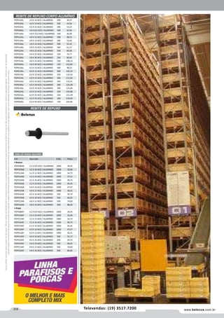 218 www.belenus.com.brTelevendas: (19) 3517.7200
Preçosválidossomenteparaoestadodesãopaulo.Ofertasválidasaté30/06/2016ouenquantoduraremosestoques,exclusivamenteparafaturamentodafilialdoestadodesãopaulo.tributaçãoicmsconformelegislaçãovigente.Produtoscomipidestacado
estarãosujeitosàacréscimodepreçodeacordocomalíquota.Imagemmeramenteilustrativa.Reservamo-nosodireitodecorrigireventuaiserrosgráficosoudedigitação,bemcomoalteraçãodepreçossemprévioaviso.
REBITE DE REPUXO CORPO ALUMÍNIO
REBITE DE REPUXO
POP416AL 4.0 X 16 ACO / ALUMINIO 500 39,27
POP419AL 4.0 X 19 ACO / ALUMINIO 500 43,04
POP425AL 4.0 X 25 ACO / ALUMINIO 500 53,25
POP508AL 4.8 X 8.0 ACO / ALUMINIO 500 42,69
POP510AL 4.8 X 10.0 ACO / ALUMINIO 500 46,09
POP512AL 4.8 X 12 ACO / ALUMINIO 500 48,53
POP514AL 4.8 X 14 ACO / ALUMINIO 500 52,64
POP516AL 4.8 X 16 ACO / ALUMINIO 500 55,32
POP519AL 4.8 X 19 ACO / ALUMINIO 500 61,27
POP522AL 4.8 X 22 ACO / ALUMINIO 250 69,30
POP525AL 4.8 X 25 ACO / ALUMINIO 250 74,77
POP530AL 4.8 X 30 ACO / ALUMINIO 250 84,64
POP535AL 4.8 X 35 ACO / ALUMINIO 200 108,33
POP540AL 4.8 X 40 ACO / ALUMINIO 150 152,85
POP610AL 6.0 X 10 ACO / ALUMINIO 400 98,25
POP612AL 6.0 X 12 ACO / ALUMINIO 400 102,15
POP614AL 6.0 X 14 ACO / ALUMINIO 350 110,16
POP615AL 6.0 X 15 ACO / ALUMINIO 350 111,62
POP616AL 6.0 X 16 ACO / ALUMINIO 350 115,41
POP618AL 6.0 X 18 ACO / ALUMINIO 300 124,28
POP619AL 6.0 X 19 ACO / ALUMINIO 300 125,84
POP622AL 6.0 X 22 ACO / ALUMINIO 250 142,88
POP625AL 6.0 X 25 ACO / ALUMINIO 250 151,39
POP635AL 6.0 X 35 ACO / ALUMINIO 200 210,00
POP640AL 6.0 X 40 ACO / ALUMINIO 150 242,85
Cód . Descrição Emb. Preço
• Branco
POP308AB 3.2 X 8.0 ACO / ALUMINIO 1000 30,45
POP310AB 3.2 X 10 ACO / ALUMINIO 1000 32,06
POP312AB 3.2 X 12 ACO / ALUMINIO 1000 34,72
POP314AB 3.2 X 14 ACO / ALUMINIO 1000 37,51
POP316AB 3.2 X 16 ACO / ALUMINIO 1000 40,75
POP319AB 3.2 X 19 ACO / ALUMINIO 1000 45,45
POP410AB 4.0 X 10 ACO / ALUMINIO 1000 47,07
POP412AB 4.0 X 12 ACO / ALUMINIO 1000 50,31
POP416AB 4.0 X 16 ACO / ALUMINIO 500 59,74
POP419AB 4.0 X 19 ACO / ALUMINIO 500 66,65
POP512AB 4.8 X 12 ACO / ALUMINIO 500 74,60
POP516AB 4.8 X 16 ACO / ALUMINIO 500 86,66
• Preto
POP308AP 3.2 X 8.0 ACO / ALUMINIO 1000 30,45
POP310AP 3.2 X 10 ACO / ALUMINIO 1000 32,06
POP312AP 3.2 X 12 ACO / ALUMINIO 1000 34,72
POP316AP 3.2 X 16 ACO / ALUMINIO 1000 40,75
POP319AP 3.2 X 19 ACO / ALUMINIO 1000 45,45
POP410AP 4.0 X 10 ACO / ALUMINIO 1000 47,07
POP412AP 4.0 X 12 ACO / ALUMINIO 1000 50,31
POP414AP 4.0 X 14 ACO / ALUMINIO 500 55,17
POP416AP 4.0 X 16 ACO / ALUMINIO 500 59,74
POP419AP 4.0 X 19 ACO / ALUMINIO 500 66,65
POP512AP 4.8 X 12 ACO / ALUMINIO 500 74,60
POP516AP 4.8 X 16 ACO / ALUMINIO 500 86,66
UNID. DE VENDA: MILHEIRO
 