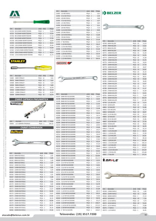 49atacado@belenus.com.br Televendas: (19) 3517.7200
Preçosválidossomenteparaoestadodesãopaulo.Ofertasválidasaté30/06/2016ouenquantoduraremosestoques,exclusivamenteparafaturamentodafilialdoestadodesãopaulo.tributaçãoicmsconformelegislaçãovigente.Produtoscomipidestacado
estarãosujeitosàacréscimodepreçodeacordocomalíquota.Imagemmeramenteilustrativa.Reservamo-nosodireitodecorrigireventuaiserrosgráficosoudedigitação,bemcomoalteraçãodepreçossemprévioaviso.
Ipiranga
ferramentas®
Tradição e Qualidade
Cód . Descrição Unid. Emb. Preço
41554 6X125MM MORETZSOHN PEÇA 1 15,04
41555 7X125MM MORETZSOHN PEÇA 1 15,03
41556 8X125MM MORETZSOHN PEÇA 1 17,10
41557 9X125MM MORETZSOHN PEÇA 1 17,26
41558 10X125MM MORETZSOHN PEÇA 1 18,09
41559 11X125MM MORETZSOHN PEÇA 1 18,11
41560 12X125MM MORETZSOHN PEÇA 1 20,46
41561 1/4X125MM MORETZSOHN PEÇA 1 15,04
41562 5/16X125MM MORETZSOHN PEÇA 1 17,10
41563 3/8X125MM MORETZSOHN PEÇA 1 18,13
41564 1/2X125MM MORETZSOHN PEÇA 1 21,75
Cód . Descrição Unid. Emb. Preço
54481 4MM STANLEY PEÇA 12 9,61
59253 5MM STANLEY PEÇA 12 9,61
54589 8MM STANLEY PEÇA 12 9,29
54590 9MM STANLEY PEÇA 12 8,85
54591 10MM STANLEY PEÇA 12 10,39
54592 11MM STANLEY PEÇA 12 10,39
54593 12MM STANLEY PEÇA 12 10,39
54594 13MM STANLEY PEÇA 12 10,76
Cód . Descrição Unid. Emb. Preço
59944 1/2 160RPM IPIRANGA PEÇA 1 194,16
CHAVE CATRACA PNEUMÁTICA
CHAVE COMBINADA
Cód . Descrição Unid. Emb. Preço
60158 6MM BELTOOLS PEÇA 1 2,92
60159 7MM BELTOOLS PEÇA 1 3,09
60160 8MM BELTOOLS PEÇA 1 3,28
60161 9MM BELTOOLS PEÇA 1 3,47
60162 10MM BELTOOLS PEÇA 1 3,83
60163 11MM BELTOOLS PEÇA 1 3,95
60164 12MM BELTOOLS PEÇA 1 4,49
60165 13MM BELTOOLS PEÇA 1 4,71
60166 14MM BELTOOLS PEÇA 1 5,91
60167 15MM BELTOOLS PEÇA 1 6,58
60168 16MM BELTOOLS PEÇA 1 7,64
60169 17MM BELTOOLS PEÇA 1 9,11
60170 18MM BELTOOLS PEÇA 1 9,89
60171 19MM BELTOOLS PEÇA 1 11,13
60172 20MM BELTOOLS PEÇA 1 11,67
60173 21MM BELTOOLS PEÇA 1 12,45
60174 22MM BELTOOLS PEÇA 1 14,87
60175 23MM BELTOOLS PEÇA 1 17,65
60176 24MM BELTOOLS PEÇA 1 18,39
60177 25MM BELTOOLS PEÇA 1 20,86
60178 26MM BELTOOLS PEÇA 1 22,35
60179 27MM BELTOOLS PEÇA 1 24,71
60180 30MM BELTOOLS PEÇA 1 34,20
60181 32MM BELTOOLS PEÇA 1 37,20
Cód . Descrição Unid. Emb. Preço
61891 1/4 BELTOOLS PEÇA 1 3,01
61892 5/16 BELTOOLS PEÇA 1 3,40
61893 3/8 BELTOOLS PEÇA 1 3,88
61894 7/16 BELTOOLS PEÇA 1 4,07
61895 1/2 BELTOOLS PEÇA 1 4,85
61896 9/16 BELTOOLS PEÇA 1 6,01
61897 5/8 BELTOOLS PEÇA 1 7,33
61898 11/16 BELTOOLS PEÇA 1 8,90
61899 3/4 BELTOOLS PEÇA 1 11,13
61900 13/16 BELTOOLS PEÇA 1 12,68
61901 7/8 BELTOOLS PEÇA 1 15,05
61902 15/16 BELTOOLS PEÇA 1 21,30
61903 1" BELTOOLS PEÇA 1 21,30
61904 1.1/8 BELTOOLS PEÇA 1 26,12
61905 1.3/16 BELTOOLS PEÇA 1 36,27
61906 1.1/4 BELTOOLS PEÇA 1 41,30
61907 1.5/16 BELTOOLS PEÇA 1 55,74
61908 1.3/8 BELTOOLS PEÇA 1 55,74
61909 1.7/16 BELTOOLS PEÇA 1 75,90
61910 1.1/2 BELTOOLS PEÇA 1 80,16
Cód . Descrição Unid. Emb. Preço
40768 6MM BELZER PEÇA 10 13,54
40769 7MM BELZER PEÇA 10 13,62
40770 8MM BELZER PEÇA 10 13,41
40771 9MM BELZER PEÇA 10 13,86
40772 10MM BELZER PEÇA 10 14,39
40773 11MM BELZER PEÇA 10 14,76
40774 12MM BELZER PEÇA 10 15,38
40775 13MM BELZER PEÇA 10 15,70
40776 14MM BELZER PEÇA 10 16,83
40777 15MM BELZER PEÇA 10 17,70
40778 16MM BELZER PEÇA 10 18,97
40779 17MM BELZER PEÇA 10 20,82
40781 19MM BELZER PEÇA 10 25,32
40782 20MM BELZER PEÇA 10 26,25
40783 21MM BELZER PEÇA 10 28,41
40784 22MM BELZER PEÇA 10 29,68
40785 23MM BELZER PEÇA 10 30,00
40786 24MM BELZER PEÇA 10 33,97
40787 25MM BELZER PEÇA 10 40,17
40788 26MM BELZER PEÇA 10 41,47
40789 27MM BELZER PEÇA 5 55,09
40790 28MM BELZER PEÇA 5 64,04
40791 30MM BELZER PEÇA 5 71,00
40793 36MM BELZER PEÇA 3 102,29
40796 50MM BELZER PEÇA 3 221,80
40798 5/16 BELZER PEÇA 10 13,54
40799 3/8 BELZER PEÇA 10 13,66
40801 1/2 BELZER PEÇA 10 15,96
40802 9/16 BELZER PEÇA 10 16,79
40803 5/8 BELZER PEÇA 10 18,97
40804 11/16 BELZER PEÇA 10 22,13
40805 3/4 BELZER PEÇA 10 24,12
40806 25/32 BELZER PEÇA 10 25,86
40807 13/16 BELZER PEÇA 10 27,18
40808 7/8 BELZER PEÇA 10 28,66
40809 15/16 BELZER PEÇA 10 36,78
40810 1” BELZER PEÇA 10 42,14
40811 1.1/16 BELZER PEÇA 5 60,15
40812 1.1/8 BELZER PEÇA 5 47,99
40813 1.1/4 BELZER PEÇA 5 62,91
40814 1.5/16 BELZER PEÇA 5 84,18
40815 1.3/8 BELZER PEÇA 3 101,90
40816 1.7/16 BELZER PEÇA 3 102,14
40817 1.1/2 BELZER PEÇA 3 103,22
40818 1.5/8 BELZER PEÇA 3 172,07
40819 1.13/16 BELZER PEÇA 3 219,29
40820 1.7/8 BELZER PEÇA 3 223,68
40821 2” BELZER PEÇA 3 175,74
Cód . Descrição Unid. Emb. Preço
42197 6MM REF1B GEDORE PEÇA 1 10,45
42198 7MM REF1B GEDORE PEÇA 1 10,45
42199 8MM REF1B GEDORE PEÇA 1 11,08
42200 9MM REF1B GEDORE PEÇA 1 11,52
42201 10MM REF1B GEDORE PEÇA 1 12,00
42202 11MM REF1B GEDORE PEÇA 1 12,48
42203 12MM REF1B GEDORE PEÇA 1 13,41
42204 13MM REF1B GEDORE PEÇA 1 14,16
42206 15MM REF1B GEDORE PEÇA 1 16,13
42207 16MM REF1B GEDORE PEÇA 1 17,49
42208 17MM REF1B GEDORE PEÇA 1 19,10
42209 18MM REF1B GEDORE PEÇA 1 20,65
42210 19MM REF1B GEDORE PEÇA 1 20,96
42211 20MM REF1B GEDORE PEÇA 1 23,08
42212 21MM REF1B GEDORE PEÇA 1 24,27
42213 22MM REF1B GEDORE PEÇA 1 27,12
42214 23MM REF1B GEDORE PEÇA 1 30,29
42215 24MM REF1B GEDORE PEÇA 1 33,86
42216 25MM REF1B GEDORE PEÇA 1 37,82
42217 26MM REF1B GEDORE PEÇA 1 42,24
42218 27MM REF1B GEDORE PEÇA 1 47,20
42219 28MM REF1B GEDORE PEÇA 1 59,40
42220 30MM REF1B GEDORE PEÇA 1 59,65
42221 32MM REF1B GEDORE PEÇA 1 63,02
42222 36MM REF1B GEDORE PEÇA 1 85,79
42223 41MM REF1B GEDORE PEÇA 1 122,83
42225 50MM REF1B GEDORE PEÇA 1 211,71
42226 1/4 REF1B GEDORE PEÇA 1 12,25
42227 5/16 REF1B GEDORE PEÇA 1 12,91
42228 3/8 REF1B GEDORE PEÇA 1 14,01
42229 7/16 REF1B GEDORE PEÇA 1 14,76
42230 1/2 REF1B GEDORE PEÇA 1 16,53
42231 9/16 REF1B GEDORE PEÇA 1 17,43
42232 5/8 REF1B GEDORE PEÇA 1 20,52
42233 11/16 REF1B GEDORE PEÇA 1 23,64
42234 3/4 REF1B GEDORE PEÇA 1 24,53
42235 13/16 REF1B GEDORE PEÇA 1 29,28
42236 7/8 REF1B GEDORE PEÇA 1 31,79
42238 1" REF1B GEDORE PEÇA 1 55,83
42239 1.1/16 REF1B GEDORE PEÇA 1 61,68
42240 1.1/8 REF1B GEDORE PEÇA 1 68,53
42241 1.3/16 REF1B GEDORE PEÇA 1 69,15
42242 1.1/4 REF1B GEDORE PEÇA 1 73,66
42243 1.3/8 REF1B GEDORE PEÇA 1 90,70
42245 1.1/2 REF1B GEDORE PEÇA 1 95,27
42246 1.5/8 REF1B GEDORE PEÇA 1 128,17
42248 1.13/16 REF1B GEDORE PEÇA 1 215,55
42249 1.7/8 REF1B GEDORE PEÇA 1 218,25
42250 2" REF1B GEDORE PEÇA 1 230,67
Cód . Descrição Unid. Emb. Preço
40548 13MM MAYLE PEÇA 10 6,90
40556 21MM MAYLE PEÇA 10 12,43
40560 26MM MAYLE PEÇA 1 17,13
40570 5/8 MAYLE PEÇA 10 7,16
40571 11/16 MAYLE PEÇA 10 9,74
40573 13/16 MAYLE PEÇA 10 12,43
40575 15/16 MAYLE PEÇA 1 13,88
40576 1” MAYLE PEÇA 1 17,08
40579 1.1/4 MAYLE PEÇA 1 32,45
 