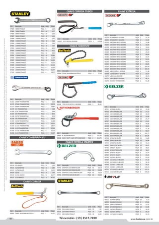 50 www.belenus.com.brTelevendas: (19) 3517.7200
Preçosválidossomenteparaoestadodesãopaulo.Ofertasválidasaté30/06/2016ouenquantoduraremosestoques,exclusivamenteparafaturamentodafilialdoestadodesãopaulo.tributaçãoicmsconformelegislaçãovigente.Produtoscomipidestacado
estarãosujeitosàacréscimodepreçodeacordocomalíquota.Imagemmeramenteilustrativa.Reservamo-nosodireitodecorrigireventuaiserrosgráficosoudedigitação,bemcomoalteraçãodepreçossemprévioaviso.
Cód . Descrição Unid. Emb. Preço
57084 6MM STANLEY PEÇA 6 6,38
57085 7MM STANLEY PEÇA 10 6,17
57086 8MM STANLEY PEÇA 10 6,00
57087 9MM STANLEY PEÇA 10 6,16
57088 10MM STANLEY PEÇA 10 6,93
57089 11MM STANLEY PEÇA 10 7,42
57090 12MM STANLEY PEÇA 10 7,33
57091 13MM STANLEY PEÇA 10 7,04
57092 14MM STANLEY PEÇA 10 8,22
57093 15MM STANLEY PEÇA 10 9,11
57094 16MM STANLEY PEÇA 10 9,96
57095 17MM STANLEY PEÇA 10 10,84
57096 18MM STANLEY PEÇA 10 11,24
57097 19MM STANLEY PEÇA 10 12,03
57098 20MM STANLEY PEÇA 4 14,20
57099 21MM STANLEY PEÇA 4 15,18
57100 22MM STANLEY PEÇA 4 15,98
57101 23MM STANLEY PEÇA 4 16,04
57102 24MM STANLEY PEÇA 4 18,17
Cód . Descrição Unid. Emb. Preço
41161 13MM TRAMONTINA PEÇA 1 5,20
41175 27MM TRAMONTINA PEÇA 1 24,14
41177 30MM TRAMONTINA PEÇA 1 24,87
41179 1/4 TRAMONTINA PEÇA 1 5,88
41180 5/16 TRAMONTINA PEÇA 1 5,64
41185 5/8 TRAMONTINA PEÇA 1 8,45
41188 25/32 TRAMONTINA PEÇA 1 9,02
41190 7/8 TRAMONTINA PEÇA 1 14,09
41191 15/16 TRAMONTINA PEÇA 1 11,88
41192 1 TRAMONTINA PEÇA 1 13,51
41193 1.1/16 TRAMONTINA PEÇA 1 18,37
41194 1.1/8 TRAMONTINA PEÇA 1 25,90
41195 1.3/16 TRAMONTINA PEÇA 1 30,10
41196 1.1/4 TRAMONTINA PEÇA 1 30,67

Cód . Descrição Unid. Emb. Preço
49119 1/4 BAHCO PEÇA 12 5,30
49121 11/32 BAHCO PEÇA 12 6,86
49127 11/16 BAHCO PEÇA 12 10,03
49129 13/16 PEÇA 12 7,90
49133 1.1/16 BAHCO PEÇA 12 26,77
49137 1.3/8 BAHCO PEÇA 12 47,63
Cód . Descrição Unid. Emb. Preço
40762 STARTER 11X13MM BELZER PEÇA 10 23,14
40764 STARTER 15X17MM BELZER PEÇA 10 32,99
40765 STARTER 7/16X1/2MM BELZER PEÇA 10 16,26
40766 STARTER 9/16X5/8 BELZER PEÇA 10 30,65
CHAVE CORREIA TUBOS
CHAVE CORRENTE
CHAVE ESTRELA STARTER
CHAVE ESTRELA
Cód . Descrição Unid. Emb. Preço
42428 TIPO LEVE REF211 4 GEDORE PEÇA 1 90,20
Cód . Descrição Unid. Emb. Preço
54685 4 ROTHENBERGER PEÇA 1 235,68
54680 HEAVY DUTY 2.1/2 ROTHENBERGER PEÇA 1 613,79
Cód . Descrição Unid. Emb. Preço
60944 CAPAC 4A100MM BELTOOLS PEÇA 1 27,40
Cód . Descrição Unid. Emb. Preço
42429 5.1/2 REF361 GEDORE PEÇA 1 122,89
Cód . Descrição Unid. Emb. Preço
42254 6X7MM REF2 GEDORE PEÇA 1 13,74
42255 8X9MM REF2 GEDORE PEÇA 1 14,49
42256 10X11MM REF2 GEDORE PEÇA 1 15,88
42257 12X13MM REF2 GEDORE PEÇA 1 16,93
42258 14X15MM REF2 GEDORE PEÇA 1 19,65
42259 16X17MM REF2 GEDORE PEÇA 1 22,27
42260 18X19MM REF2 GEDORE PEÇA 1 24,65
42261 20X22MM REF2 GEDORE PEÇA 1 40,60
42262 24X26MM REF2 GEDORE PEÇA 5 52,91
42263 25X28MM REF2 GEDORE PEÇA 5 53,21
42264 27X32MM REF2 GEDORE PEÇA 5 60,05
42265 30X32MM REF2 GEDORE PEÇA 1 60,05
42266 36X41MM REF2 GEDORE PEÇA 1 102,49
42267 38X42MM REF2 GEDORE PEÇA 1 102,72
42268 3/8X7/16 REF2 GEDORE PEÇA 1 17,38
42269 1/2X9/16 REF2 GEDORE PEÇA 1 22,67
42270 5/8X11/16 GEDORE PEÇA 1 25,93
42271 3/4X7/8 REF2 GEDORE PEÇA 1 46,32
42272 15/16X1 REF2 GEDORE PEÇA 1 61,30
CHAVE CORREIA
CHAVE COMBINADA PU
Cód . Descrição Unid. Emb. Preço
60943 CAPAC 4A100MM BELTOOLS PEÇA 1 15,52
Cód . Descrição Unid. Emb. Preço
57069 10X11MM STANLEY PEÇA 10 7,87
57070 12X13MM STANLEY PEÇA 10 9,58
57071 14X15MM STANLEY PEÇA 10 10,02
Cód . Descrição Unid. Emb. Preço
40721 6X7MM BELZER PEÇA 10 15,20
40723 10X11MM BELZER PEÇA 10 17,13
40724 12X13MM BELZER PEÇA 10 18,59
40725 14X15MM BELZER PEÇA 10 21,80
40726 16X17MM BELZER PEÇA 10 25,77
40727 18X19MM BELZER PEÇA 10 27,87
40728 19X22MM BELZER PEÇA 5 34,86
40729 20X22MM BELZER PEÇA 5 35,53
40730 21X23MM BELZER PEÇA 5 37,18
40733 25X28MM BELZER PEÇA 5 50,67
40735 30X32MM BELZER PEÇA 5 102,77
40736 36X41MM BELZER PEÇA 3 107,46
40738 1/4X5/16 BELZER PEÇA 10 14,84
40739 3/8X7/16 BELZER PEÇA 10 16,98
40740 1/2X9/16 BELZER PEÇA 10 15,13
40741 5/8X11/16' BELZER PEÇA 10 26,67
40742 5/8X3/4 BELZER PEÇA 10 30,61
40743 3/4X25/32 BELZER PEÇA 10 30,67
40744 3/4X7/8 BELZER PEÇA 5 31,97
40745 3/4X7/8 BELZER PEÇA 5 25,25
40746 15/16X1 BELZER PEÇA 5 41,62
40747 1.1/16X1.1/8 BELZER PEÇA 5 57,10
40748 1.1/16X1.1/4 BELZER PEÇA 5 58,20
40749 1.1/8X1.1/4 BELZER PEÇA 5 59,41
40750 1.3/8X1.1/2 BELZER PEÇA 3 118,54
40751 1.7/16X1.5/8 BELZER PEÇA 3 122,11
40752 1.13/16X2 BELZER PEÇA 3 149,84
Cód . Descrição Unid. Emb. Preço
40512 6X7MM MAYLE PEÇA 10 5,72
40523 25X28MM MAYLE PEÇA 5 27,03
40528 5/8X11/16 MAYLE PEÇA 10 11,41
40530 3/4X25/32 MAYLE PEÇA 10 13,90
40532 13/16X7/8 MAYLE PEÇA 5 16,26
40533 15/16X1 MAYLE PEÇA 1 26,14
40534 1.1/16X1.1/4 MAYLE PEÇA 5 33,74
 
