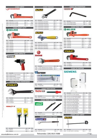 53atacado@belenus.com.br Televendas: (19) 3517.7200
Preçosválidossomenteparaoestadodesãopaulo.Ofertasválidasaté30/06/2016ouenquantoduraremosestoques,exclusivamenteparafaturamentodafilialdoestadodesãopaulo.tributaçãoicmsconformelegislaçãovigente.Produtoscomipidestacado
estarãosujeitosàacréscimodepreçodeacordocomalíquota.Imagemmeramenteilustrativa.Reservamo-nosodireitodecorrigireventuaiserrosgráficosoudedigitação,bemcomoalteraçãodepreçossemprévioaviso.
Cód . Descrição Unid. Emb. Preço
60945 CH LAVAT GRIFO 11 BELTOOLS PEÇA 1 29,02
Cód . Descrição Unid. Emb. Preço
60152 FOSFATIZADA 6 BELTOOLS PEÇA 1 16,20
60153 FOSFATIZADA 8 BELTOOLS PEÇA 1 20,25
60154 FOSFATIZADA 10 BELTOOLS PEÇA 1 25,65
60155 FOSFATIZADA 12 BELTOOLS PEÇA 1 34,42
60156 FOSFATIZADA 15 BELTOOLS PEÇA 1 66,15
60157 FOSFATIZADA 18 BELTOOLS PEÇA 1 110,71
Cód . Descrição Unid. Emb. Preço
59934 PNEUM 1/2 TWIN HAMMER PEÇA 1 425,73
59935 PNEUM 3/4 KGF PEÇA 1 799,79
59936 PNEUM 3/4 TWIN HAMMER PEÇA 1 1.074,65
59937 PNEUM 1 PISTOLA P.H.M. PEÇA 1 1.779,52
Cód . Descrição Unid. Emb. Preço
59068 6 STANLEY PEÇA 1 13,96
59069 8 STANLEY PEÇA 1 17,96
59070 10 STANLEY PEÇA 1 23,75
CHAVE HEAVY DUTY
CHAVE GRIFO
CHAVE IMPACTO
Cód . Descrição Unid. Emb. Preço
41006 6 BELZER PEÇA 1 43,85
41007 10 BELZER PEÇA 1 58,32
41008 12 BELZER PEÇA 1 59,71
41009 14 BELZER PEÇA 1 70,85
41010 16 BELZER PEÇA 1 105,25
41011 24 BELZER PEÇA 1 189,26
41012 36 BELZER PEÇA 1 463,35
Cód . Descrição Unid. Emb. Preço
54693 HEAVY DUTY 14 122SE PEÇA 1 58,29
54694 HEAVY DUTY 18 122SE PEÇA 1 79,96
54695 HEAVY DUTY 24 122SE PEÇA 1 104,33
CHAVE INGLESA FOSFATIZADA
CHAVE PARA BUCHACHAVE PARA BUCHA
CHAVE PARA CATRACA
Cód . Descrição Unid. Emb. Preço
41941 6 ROBUST PEÇA 1 26,34
41942 8 ROBUST PEÇA 1 36,51
CHAVE MULTIDENTADA
CHAVE PARA TUBO
CHAVE DE PARTIDA
Cód . Descrição Unid. Emb. Preço
40833 8 BELZER PEÇA 1 43,84
40834 10 BELZER PEÇA 1 58,32
40835 12 BELZER PEÇA 1 59,71
40836 14 BELZER PEÇA 1 70,85
40839 36 BELZER PEÇA 1 581,51
40840 48 BELZER PEÇA 1 1.005,33
Cód . Descrição Unid. Emb. Preço
59072 8 STANLEY PEÇA 1 19,41
59250 10 STANLEY PEÇA 6 26,95
Cód . Descrição Unid. Emb. Preço
42315 REF42X 8MM GEDORE PEÇA 5 20,47
42316 REF42XL 8MM GEDORE PEÇA 5 30,66
CHAVE INGLESA
Cód . Descrição Unid. Emb. Preço
60939 NIQUELADA 6 BELTOOLS PEÇA 1 19,98
60940 NIQUELADA 8 BELTOOLS PEÇA 1 26,46
60941 NIQUELADA 10 BELTOOLS PEÇA 1 39,15
60942 NIQUELADA 12 BELTOOLS PEÇA 1 54,00
Cód . Descrição Unid. Emb. Preço
47684 6 CABO EMBORRACHADO MUNDIAL PEÇA 6 9,80
47687 12 CABO EMBORRACHADO MUNDIAL PEÇA 6 47,48
Cód . Descrição Unid. Emb. Preço
47836 15 WESTERN PEÇA 12 37,98
Cód . Descrição Unid. Emb. Preço
43956 GKW C/10 FISCHER CAIXA 1 135,20
Cód . Descrição Unid. Emb. Preço
70064 CATRACA CACULA PEÇA 1 3,61
CHAVE LAVAT GRIFO
Ipiranga
ferramentas®
Tradição e Qualidade
Cód . Descrição Unid. Emb. Preço
71885 0,4-0,63A 0,1cv 220V SIEMENS PECA 1 109,25
71886 0,63-1A 0,12-0,16cv220V SIEMENS PECA 1 109,25
71888 1,6-2,5A 0,33-0,5cv 220V SIEMENS PECA 1 109,25
71887 1-1,6A 0,25cv 220V SIEMENS PECA 1 109,25
71893 12,5-18A 5-6cv 220V SIEMENS PECA 1 162,21
71894 16-25A 7,5cv 220V SIEMENS PECA 1 171,72
71889 2,5-4A 0,75-1cv 220V SIEMENS PECA 1 109,25
71895 25-32A 10cv 220V SIEMENS PECA 1 238,99
71896 25-36A 12,5cv 220V SIEMENS PECA 1 281,15
71897 36-45A 15cv 220V SIEMENS PECA 1 358,32
71890 4-6,3A 1,5-2cv 220V SIEMENS PECA 1 112,11
71891 6,3-10A 3cv 220V SIEMENS PECA 1 125,84
71892 8-12,5A, 4cv 220V SIEMENS PECA 1 125,84
CHAVE LAVATÓRIO GRIPO
Cód . Descrição Unid. Emb. Preço
46003 3/8 A 1/4 FERRARI PEÇA 1 29,98
 