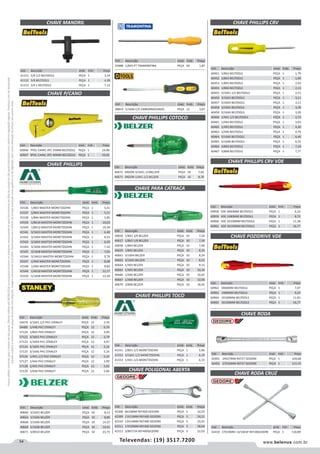 54 www.belenus.com.brTelevendas: (19) 3517.7200
Preçosválidossomenteparaoestadodesãopaulo.Ofertasválidasaté30/06/2016ouenquantoduraremosestoques,exclusivamenteparafaturamentodafilialdoestadodesãopaulo.tributaçãoicmsconformelegislaçãovigente.Produtoscomipidestacado
estarãosujeitosàacréscimodepreçodeacordocomalíquota.Imagemmeramenteilustrativa.Reservamo-nosodireitodecorrigireventuaiserrosgráficosoudedigitação,bemcomoalteraçãodepreçossemprévioaviso.
Cód . Descrição Unid. Emb. Preço
41536 1/8X3 MASTER MORETZSOHN PEÇA 1 5,41
41537 1/8X4 MASTER MORETZSOHN PEÇA 1 5,51
41538 1/8X6 MASTER MORETZSOHN PEÇA 1 5,85
41539 1/8X10 MASTER MORETZSOHN PEÇA 1 10,03
41540 1/8X12 MASTER MORETZSOHN PEÇA 1 10,39
41541 3/16X3 MASTER MORETZSOHN PEÇA 1 6,40
41542 3/16X4 MASTER MORETZSOHN PEÇA 1 6,53
41543 3/16X5 MASTER MORETZSOHN PEÇA 1 6,59
41544 3/16X6 MASTER MORETZSOHN PEÇA 1 7,16
41545 3/16X8 MASTER MORETZSOHN PEÇA 1 7,63
41546 3/16X10 MASTER MORETZSOHN PEÇA 1 9,79
41547 1/4X4 MASTER MORETZSOHN PEÇA 1 8,08
41548 1/4X6 MASTER MORETZSOHN PEÇA 1 8,83
41549 1/4X10 MASTER MORETZSOHN PEÇA 1 12,77
41550 5/16X8 MASTER MORETZSOHN PEÇA 1 12,20
Cód . Descrição Unid. Emb. Preço
43988 1/8X5 PT TRAMONTINA PEÇA 60 1,87
Cód . Descrição Unid. Emb. Preço
48814 5/16X6 C/C.EMBORRACHADO PEÇA 12 3,87
Cód . Descrição Unid. Emb. Preço
54479 3/16X1.1/2 PH1 STANLEY PEÇA 12 3,70
54480 1/4X8 PH2 STANLEY PEÇA 12 6,74
57120 1/8X4 PH0 STANLEY PEÇA 12 3,99
57122 3/16X3 PH1 STANLEY PEÇA 12 3,79
57123 3/16X4 PH1 STANLEY PEÇA 12 4,97
57124 3/16X5 PH1 STANLEY PEÇA 12 5,14
57125 3/16X6 PH1 STANLEY PEÇA 12 5,14
57126 1/4X1.1/2 PH2 STANLEY PEÇA 12 5,35
57127 1/4X4 PH2 STANLEY PEÇA 12 3,99
57128 1/4X5 PH2 STANLEY PEÇA 12 5,02
57129 1/4X6 PH2 STANLEY PEÇA 12 5,66
Cód . Descrição Unid. Emb. Preço
40660 3/16X3 BELZER PEÇA 10 8,13
40663 3/16X6 BELZER PEÇA 10 8,80
40668 5/16X6 BELZER PEÇA 10 14,37
40669 5/16X8 BELZER PEÇA 10 14,91
40671 3/8X10 BELZER PEÇA 10 23,75
CHAVE PARA CATRACA
CHAVE PHILLIPS TOCO
CHAVE POLIGONAL ABERTA
CHAVE P/CANO
Cód . Descrição Unid. Emb. Preço
60946 7POL CAPAC ATE 35MM BELTOOLS PEÇA 1 24,98
60947 9POL CAPAC ATE 40MM BELTOOLS PEÇA 1 29,02
Cód . Descrição Unid. Emb. Preço
40656 1/8X2 3/8 BELZER PEÇA 10 7,24
40657 1/8X3 1/8 BELZER PEÇA 10 7,50
40658 1/8X4 BELZER PEÇA 10 7,90
40659 1/8X5 BELZER PEÇA 10 8,33
40661 3/16X4 BELZER PEÇA 10 8,24
40662 3/16X5 BELZER PEÇA 10 8,53
40664 1/4X4 BELZER PEÇA 10 9,15
40665 1/4X5 BELZER PEÇA 10 10,34
40666 1/4X6 BELZER PEÇA 10 10,65
40667 1/4X8 BELZER PEÇA 10 12,60
40670 3/8X8 BELZER PEÇA 10 18,45
Cód . Descrição Unid. Emb. Preço
42308 8X10MM REF400 GEDORE PEÇA 5 22,03
42309 11X13MM REF400 GEDORE PEÇA 5 24,21
42310 12X14MM REF400 GEDORE PEÇA 5 25,01
42311 17X19MM REF400 GEDORE PEÇA 5 38,04
42312 3/8X7/16 REF400GEDORE PEÇA 5 22,03
Cód . Descrição Unid. Emb. Preço
41551 1/8X1.1/2 MORETZSOHN PEÇA 1 5,96
41552 3/16X1.1/2 MORETZSOHN PEÇA 1 6,29
41553 1/4X1.1/2 MORETZSOHN PEÇA 1 6,72
Cód . Descrição Unid. Emb. Preço
40672 ERGON 3/16X1.1/2BELZER PEÇA 10 7,82
40673 ERGON 1/4X1.1/2 BELZER PEÇA 10 8,78
CHAVE PHILLIPS
CHAVE PHILLIPS COTOCO
CHAVE RODA
CHAVE RODA CRUZ
CHAVE PHILLIPS CRV
CHAVE PHILLIPS CRV VDE
CHAVE POZIDRIVE VDE
Cód . Descrição Unid. Emb. Preço
60958 VDE 0X60MM BELTOOLS PEÇA 1 6,16
60959 VDE 1X80MM BELTOOLS PEÇA 1 8,72
60960 VDE 2X100MM BELTOOLS PEÇA 1 11,58
60961 VDE 3X150MM BELTOOLS PEÇA 1 16,77
Cód . Descrição Unid. Emb. Preço
60962 0X60MM BELTOOLS PEÇA 1 7,07
60963 1X80MM BELTOOLS PEÇA 1 9,25
60964 2X100MM BELTOOLS PEÇA 1 11,65
60965 3X150MM BELTOOLS PEÇA 1 16,77
Cód . Descrição Unid. Emb. Preço
42401 24X27MM REF27 GEDORE PEÇA 1 104,68
42403 27X32MM REF27 GEDORE PEÇA 1 111,15
Cód . Descrição Unid. Emb. Preço
42410 17X19MM 13/16ESP REF28GEDORE PEÇA 1 110,89
Cód . Descrição Unid. Emb. Preço
60451 1/8X2 BELTOOLS PEÇA 1 1,79
60452 1/8X3 BELTOOLS PEÇA 1 1,90
60453 1/8X5 BELTOOLS PEÇA 1 2,03
60454 1/8X6 BELTOOLS PEÇA 1 2,13
60455 3/16X1.1/2 BELTOOLS PEÇA 1 2,51
60456 3/16X3 BELTOOLS PEÇA 1 3,11
60457 3/16X4 BELTOOLS PEÇA 1 3,11
60458 3/16X5 BELTOOLS PEÇA 1 3,39
60459 3/16X6 BELTOOLS PEÇA 1 3,39
60460 1/4X1.1/2 BELTOOLS PEÇA 1 2,72
60461 1/4X4 BELTOOLS PEÇA 1 3,93
60462 1/4X5 BELTOOLS PEÇA 1 4,20
60463 1/4X6 BELTOOLS PEÇA 1 4,79
60464 5/16X6 BELTOOLS PEÇA 1 6,40
60465 5/16X8 BELTOOLS PEÇA 1 6,52
60466 3/8X6 BELTOOLS PEÇA 1 7,18
60467 3/8X8 BELTOOLS PEÇA 1 7,77
CHAVE MANDRIL
Cód . Descrição Unid. Emb. Preço
61151 3/8 1/2 BELTOOLS PEÇA 1 3,14
61152 5/8 BELTOOLS PEÇA 1 4,38
61153 3/4 1 BELTOOLS PEÇA 1 7,12
 