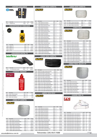 63atacado@belenus.com.br Televendas: (19) 3517.7200
Preçosválidossomenteparaoestadodesãopaulo.Ofertasválidasaté30/06/2016ouenquantoduraremosestoques,exclusivamenteparafaturamentodafilialdoestadodesãopaulo.tributaçãoicmsconformelegislaçãovigente.Produtoscomipidestacado
estarãosujeitosàacréscimodepreçodeacordocomalíquota.Imagemmeramenteilustrativa.Reservamo-nosodireitodecorrigireventuaiserrosgráficosoudedigitação,bemcomoalteraçãodepreçossemprévioaviso.
Cód . Descrição Unid. Emb. Preço
53358 4MM 5KG 260M AZ/AM BELTOOLS QUILO 5 27,66
53357 4MM 5KG 260M PT BELTOOLS QUILO 5 23,40
53361 6MM 5KG 165M AZ/AM BELTOOLS QUILO 5 24,12
53359 6MM 5KG 165M PT BELTOOLS QUILO 5 20,63
53360 6MM 5KG 165M VM BELTOOLS QUILO 5 24,12
53352 8MM 11KG 210M AZ/AM BELTOOLS QUILO 11 16,33
53349 8MM 11KG 210M BC BELTOOLS QUILO 11 15,52
53368 8MM 11KG 210M PT/AM BELTOOLS QUILO 11 14,30
53350 10MM 11KG 170M BC BELTOOLS QUILO 11 15,52
53369 10MM 11KG 170M PT/AM BELTOOLS QUILO 11 14,30
53353 10MM 11KG 170M PT/VM/BC BELT QUILO 11 16,33
53351 12MM 11KG 120M BC BELTOOLS QUILO 11 15,52
53370 12MM 11KG 120M PT/AM BELTOOLS QUILO 11 14,30
53354 12MM 11KG 120M AM/AZ/BC BELTO QUILO 11 16,33
Cód . Descrição Unid. Emb. Preço
57149 P/PORTA HDL PEÇA 10 15,50
Cód . Descrição Unid. Emb. Preço
71794 TV C/GRAVADOR CD636 PECA 10 168,89
CONTATO DESLIZANTE
CONVERTEDOR DE FERRUGEM
CORANTE TINGIDOR
CONVERSOR DIGITAL TV
Cód . Descrição Unid. Emb. Preço
70014 50ML VERM RENNER LATA 12 3,05
70015 50ML AZ RENNER LATA 12 3,05
70757 50ML OCRE RENNER LATA 12 3,05
Cód . Descrição Unid. Emb. Preço
70100 PET 2MM 772M BC BELTOOLS ROLO 1 207,54
70101 PET 3MM 590M BC BELTOOLS ROLO 1 175,85
70102 PET 5MM 190M BC BELTOOLS ROLO 1 130,72
CORDA SEDA ROLO
CORDA SEDA CARRETEL
CORDA SEDA CARRETEL
CORDA PP CARRETEL
CORDA SEDA CARRETEL
CORDA ROLO
CORDA TRAN. MULTIF. PP
Cód . Descrição Unid. Emb. Preço
72433 3MM 400M BC BELTOOLS ROLO 1 106,41
72434 4MM 220M BC BELTOOLS ROLO 1 88,25
72441 4MM 220M PT BELTOOLS ROLO 1 74,10
72435 5MM 190M BC BELTOOLS ROLO 1 79,18
72436 6MM 150M BC BELTOOLS ROLO 1 93,09
72442 6MM 150M PT BELTOOLS ROLO 1 78,20
72437 8MM 220M BC BELTOOLS ROLO 1 161,93
72443 8MM 220M PT BELTOOLS ROLO 1 136,32
72446 8MM 220M PT/AM BELTOOLS ROLO 1 154,02
72438 10MM 165M BC BELTOOLS ROLO 1 161,93
72444 10MM 165M PT BELTOOLS ROLO 1 136,32
72447 10MM 165M PT/AM BELTOOLS ROLO 1 154,02
72439 12MM 105M BC BELTOOLS ROLO 1 161,93
72445 12MM 105M PT BELTOOLS ROLO 1 136,32
72448 12MM 105M PT/AM BELTOOLS ROLO 1 154,02
72440 14MM 68M BC BELTOOLS ROLO 1 323,88
Cód . Descrição Unid. Emb. Preço
72415 2MM 400M BC BELTOOLS ROLO 1 111,86
72416 3MM 400M BC BELTOOLS ROLO 1 109,93
72411 4MM 220M AZ/AM BELTOOLS ROLO 1 92,41
72417 4MM 220M BC BELTOOLS ROLO 1 92,41
72423 4MM 220M PT BELTOOLS ROLO 1 87,79
72418 5MM 1900M BC BELTOOLS ROLO 1 83,14
72412 6MM 150M AZ/AM BELTOOLS ROLO 1 97,64
72419 6MM 150M BC BELTOOLS ROLO 1 97,64
72424 6MM 150M PT BELTOOLS ROLO 1 92,77
72427 6MM 150M PT/AM BELTOOLS ROLO 1 95,85
72432 6MM 150M VM BELTOOLS ROLO 1 107,40
72413 8MM 220M AZ/AM BELTOOLS ROLO 1 175,72
72420 8MM 220M BC BELTOOLS ROLO 1 175,72
72425 8MM 220M PT BELTOOLS ROLO 1 166,93
72428 8MM 220M PT/AM BELTOOLS ROLO 1 172,46
72421 10MM 165M BC BELTOOLS ROLO 1 175,72
72426 10MM 165M PT BELTOOLS ROLO 1 166,93
72429 10MM 165M PT/AM BELTOOLS ROLO 1 172,46
72431 10MM 165M PT/VM/BC BELTOOLS ROLO 1 175,72
72414 12MM 105M AM/AZ/BC BELTOOLS ROLO 1 175,72
72422 12MM 105M BC BELTOOLS ROLO 1 177,55
72430 12MM 105M PT/AM BELTOOLS ROLO 1 172,46
Cód . Descrição Unid. Emb. Preço
71964 100ML TF7 PECA 12 37,59
71965 200ML TF7 PECA 12 61,72
71966 500ML TF7 PECA 12 118,47
71967 1L TF7 PECA 12 220,73
Cód . Descrição Unid. Emb. Preço
53355 3MM 3KG 370M BC BELTOOLS QUILO 3 34,01
53343 4MM 3KG 165M BC BELTOOLS QUILO 3 24,43
53356 5MM 3KG 165M BC BELTOOLS QUILO 3 22,20
53344 6MM 4KG 140M BC BELTOOLS QUILO 4 20,00
53345 8MM 11KG 220M BC BELTOOLS QUILO 11 14,55
53362 8MM 11KG 220M PT BELTOOLS QUILO 11 13,02
53365 8MM 11KG 220M PT/AM BELTOOLS QUILO 11 13,53
53346 10MM 11KG 175M BC BELTOOLS QUILO 11 14,55
53363 10MM 11KG 175M PT BELTOOLS QUILO 11 13,02
53366 10MM 11KG 175M PT/AM BELTOOLS QUILO 11 13,53
53347 12MM 11KG 128M BC BELTOOLS QUILO 11 14,55
53364 12MM 11KG 128M PT BELTOOLS QUILO 11 13,02
53367 12MM 11KG 128M PT/AM BELTOOLS QUILO 11 13,53
53348 14MM 11KG 80M BC BELTOOLS QUILO 11 14,55
Cód . Descrição Unid. Emb. Preço
56993 6MM 180M BC BELTOOLS ROLO 1 114,11
56997 6MM 180M COLO BELTOOLS ROLO 1 116,65
56994 8MM 258M BC BELTOOLS ROLO 1 186,20
56998 8MM 258M COLO BELTOOLS ROLO 1 204,90
56995 10MM 190M BC BELTOOLS ROLO 1 186,20
56999 10MM 190M COLO BELTOOLS ROLO 1 204,90
56996 12MM 140M BC BELTOOLS ROLO 1 186,20
57000 12MM 140M COLO BELTOOLS ROLO 1 204,90
Cód . Descrição Unid. Emb. Preço
72403 6MM 180M BC BELTOOLS ROLO 1 114,07
72407 6MM 180M COLOR BELTOOLS ROLO 1 116,63
72404 8MM 258M BC BELTOOLS ROLO 1 186,20
72408 8MM 258M COLOR BELTOOLS ROLO 1 204,92
72405 10MM 190M BC BELTOOLS ROLO 1 186,20
72409 10MM 190M COLOR BELTOOLS ROLO 1 204,92
72406 12MM 140M BC BELTOOLS ROLO 1 186,20
72410 12MM 140M COLOR BELTOOLS ROLO 1 204,92
CORDÃO PROL PL
Cód . Descrição Unid. Emb. Preço
53059 MACH/FEM 2X0,75 10A 3M BC FC PEÇA 36 6,98
53061 MACH/FEM 2X0,75 10A 5M BC FC PEÇA 36 9,37
53062 MACH/FEM 2X0,75 10A 5M PT FC PEÇA 36 9,37
53063 MACH/FEM 2X0,75 10A 10M BC FC PEÇA 24 16,04
53064 MACH/FEM 2X0,75 10A 10M PT FC PEÇA 24 16,04
53065 MACH/FEM 2X0,75 10A 20M BC FC PEÇA 24 27,05
53066 MACH/FEM 2X0,75 10A 20M PT FC PEÇA 24 27,05
53067 MACH/FEM 2X0,75 10A 3M BC FC PEÇA 36 8,10
53068 MACH/FEM 2X0,75 10A 5M BC FC PEÇA 36 10,86
53069 MACH/FEM 2X0,75 10A 10M BC FC PEÇA 24 17,84
53070 MACH/FEM 2X0,75 10A 20M BC FC PEÇA 24 30,63
53071 MACH/FEM 2X0,75 10A 20M PT FC PEÇA 24 30,63
 