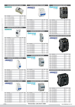 74 www.belenus.com.brTelevendas: (19) 3517.7200
Preçosválidossomenteparaoestadodesãopaulo.Ofertasválidasaté30/06/2016ouenquantoduraremosestoques,exclusivamenteparafaturamentodafilialdoestadodesãopaulo.tributaçãoicmsconformelegislaçãovigente.Produtoscomipidestacado
estarãosujeitosàacréscimodepreçodeacordocomalíquota.Imagemmeramenteilustrativa.Reservamo-nosodireitodecorrigireventuaiserrosgráficosoudedigitação,bemcomoalteraçãodepreçossemprévioaviso.
Cód . Descrição Unid. Emb. Preço
51713 10A ELETROMAR PEÇA 12 6,88
51714 16A ELETROMAR PEÇA 12 5,77
51715 20A ELETROMAR PEÇA 12 5,77
51716 25A ELETROMAR PEÇA 12 5,77
51717 32A ELETROMAR PEÇA 12 5,77
51718 40A ELETROMAR PEÇA 12 8,35
51719 50A ELETROMAR PEÇA 12 8,35
51720 63A ELETROMAR PEÇA 12 11,22
DISJUNTOR DIN TRIPOLAR
Cód . Descrição Unid. Emb. Preço
57215 6A CURVA B SIEMENS PEÇA 6 86,04
57216 10A CURVA B SIEMENS PEÇA 6 33,50
57217 13A CURVA B SIEMENS PEÇA 6 33,50
59258 16A CURVA B SIEMENS PEÇA 6 33,50
59259 20A CURVA B SIEMENS PEÇA 6 33,50
59260 25A CURVA B SIEMENS PEÇA 6 33,50
59261 32A CURVA B SIEMENS PEÇA 6 33,50
59262 40A CURVA B SIEMENS PEÇA 6 37,22
Cód . Descrição Unid. Emb. Preço
59263 0,5A CURVA C SIEMENS PEÇA 6 86,04
59264 1A CURVA C SIEMENS PEÇA 6 86,04
59265 2A CURVA C SIEMENS PEÇA 6 86,04
59266 4A CURVA C SIEMENS PEÇA 6 86,04
59267 6A CURVA C SIEMENS PEÇA 6 86,04
59268 10A CURVA C SIEMENS PEÇA 6 36,77
59269 13A CURVA C SIEMENS PEÇA 6 36,77
59270 16A CURVA C SIEMENS PEÇA 6 36,77
59271 20A CURVA C SIEMENS PEÇA 6 36,77
59272 25A CURVA C SIEMENS PEÇA 6 36,77
59273 32A CURVA C SIEMENS PEÇA 6 36,77
59274 40A CURVA C SIEMENS PEÇA 6 41,91
59275 50A CURVA C SIEMENS PEÇA 6 41,91
59276 63A CURVA C SIEMENS PEÇA 6 59,97
59277 70A CURVA C SIEMENS PEÇA 6 59,97
59278 80A CURVA C SIEMENS PEÇA 6 59,97
DISJUNTOR BIPOLAR CURVA B DISJUNTOR DIN LZ TRIPOLAR
DISJUNTOR BIPOLAR CURVA C
DISJUNTOR DIN BIPOLAR
DISJUNTOR DIN LZ BIPOLAR
Cód . Descrição Unid. Emb. Preço
51721 10A ELETROMAR PEÇA 6 24,72
51722 16A ELETROMAR PEÇA 6 23,62
51723 20A ELETROMAR PEÇA 6 21,66
51724 25A ELETROMAR PEÇA 6 21,65
51725 32A ELETROMAR PEÇA 6 21,65
51726 40A ELETROMAR PEÇA 6 25,15
51727 50A ELETROMAR PEÇA 6 25,15
51728 63A ELETROMAR PEÇA 6 39,27
Cód . Descrição Unid. Emb. Preço
53151 10A LORENZETTI PEÇA 6 33,34
53152 16A LORENZETTI PEÇA 6 33,34
53153 20A LORENZETTI PEÇA 6 33,34
53154 25A LORENZETTI PEÇA 6 33,34
53155 32A LORENZETTI PEÇA 6 33,34
53156 40A LORENZETTI PEÇA 6 35,10
53157 50A LORENZETTI PEÇA 6 35,10
53158 63A LORENZETTI PEÇA 6 49,96
Cód . Descrição Unid. Emb. Preço
53159 10A LORENZETTI PEÇA 4 46,74
53160 16A LORENZETTI PEÇA 4 46,74
53161 20A LORENZETTI PEÇA 4 46,74
53162 25A LORENZETTI PEÇA 4 46,74
53163 32A LORENZETTI PEÇA 4 46,74
53164 40A LORENZETTI PEÇA 4 49,22
53165 50A LORENZETTI PEÇA 4 49,22
53166 63A LORENZETTI PEÇA 4 57,47
DISJUNTOR DIN LZ UNIPOLAR
Cód . Descrição Unid. Emb. Preço
53143 10A LORENZETTI PEÇA 12 7,08
53144 16A LORENZETTI PEÇA 12 7,08
53145 20A LORENZETTI PEÇA 12 7,08
53146 25A LORENZETTI PEÇA 12 7,08
53147 32A LORENZETTI PEÇA 12 7,08
53148 40A LORENZETTI PEÇA 12 8,43
53149 50A LORENZETTI PEÇA 12 8,43
53150 63A LORENZETTI PEÇA 12 10,71
Cód . Descrição Unid. Emb. Preço
51729 10A ELETROMAR PEÇA 4 28,78
51730 16A ELETROMAR PEÇA 4 31,38
51731 20A ELETROMAR PEÇA 4 28,78
51732 25A ELETROMAR PEÇA 4 28,76
51733 32A ELETROMAR PEÇA 4 28,76
51734 40A ELETROMAR PEÇA 4 28,76
51735 50A ELETROMAR PEÇA 4 28,76
51736 63A ELETROMAR PEÇA 4 42,20
DISJUNTOR DIN UNIPOLAR
DISJUNTOR NEMA BIPOLAR
Cód . Descrição Unid. Emb. Preço
51689 10A ELETROMAR PEÇA 12 42,64
51690 15A ELETROMAR PEÇA 12 40,63
51691 20A ELETROMAR PEÇA 12 40,63
51692 25A ELETROMAR PEÇA 12 40,63
51693 30A ELETROMAR PEÇA 12 40,63
51694 35A ELETROMAR PEÇA 12 42,64
51695 40A ELETROMAR PEÇA 12 42,64
51696 50A ELETROMAR PEÇA 12 42,64
51697 60A ELETROMAR PEÇA 12 63,13
51698 70A ELETROMAR PEÇA 12 63,13
51699 90A ELETROMAR PEÇA 12 63,13
51700 100A ELETROMAR PEÇA 12 63,13
DISJUNTOR NEMA BOLT-ON BIPOLAR
DISJUNTOR NEMA BOLT-ON TRIPOLAR
Cód . Descrição Unid. Emb. Preço
47453 10A LORENZETTI PEÇA 1 41,93
47454 15A LORENZETTI PEÇA 1 38,12
47455 20A LORENZETTI PEÇA 1 38,12
47456 25A LORENZETTI PEÇA 1 38,12
47457 30A LORENZETTI PEÇA 1 38,12
47458 35A LORENZETTI PEÇA 1 38,12
47459 40A LORENZETTI PEÇA 1 40,03
47460 50A LORENZETTI PEÇA 1 40,03
47461 60A LORENZETTI PEÇA 1 62,08
47462 70A LORENZETTI PEÇA 1 62,08
47463 90A LORENZETTI PEÇA 1 62,08
47464 100A LORENZETTI PEÇA 1 62,08
Cód . Descrição Unid. Emb. Preço
47441 10A LORENZETTI PEÇA 1 53,70
47442 15A LORENZETTI PEÇA 1 51,15
47443 20A LORENZETTI PEÇA 1 51,15
47444 25A LORENZETTI PEÇA 1 51,15
47445 30A LORENZETTI PEÇA 1 51,15
47446 35A LORENZETTI PEÇA 1 51,15
47447 40A LORENZETTI PEÇA 1 53,53
47448 50A LORENZETTI PEÇA 1 53,53
47449 60A LORENZETTI PEÇA 1 69,22
47450 70A LORENZETTI PEÇA 1 69,22
47451 90A LORENZETTI PEÇA 1 69,22
47452 100A LORENZETTI PEÇA 1 69,22
 