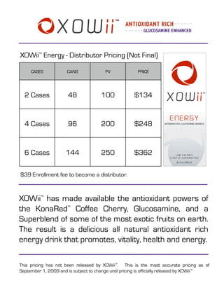XOWii™ Energy - Distributor Pricing (Not Final)

     CASES            CANS              PV             PRICE




  2 Cases             48              100            $134


  4 Cases             96              200            $248


  6 Cases            144              250            $362

$39 Enrollment fee to become a distributor.



XOWii™ has made available the antioxidant powers of
the KonaRed™ Coffee Cherry, Glucosamine, and a
Superblend of some of the most exotic fruits on earth.
The result is a delicious all natural antioxidant rich
energy drink that promotes, vitality, health and energy.

This pricing has not been released by XOWii™. This is the most accurate pricing as of
September 1, 2009 and is subject to change until pricing is officially released by XOWii™
 