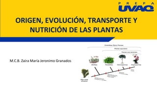 M.C.B. Zaira María Jeronimo Granados
ORIGEN, EVOLUCIÓN, TRANSPORTE Y
NUTRICIÓN DE LAS PLANTAS
 