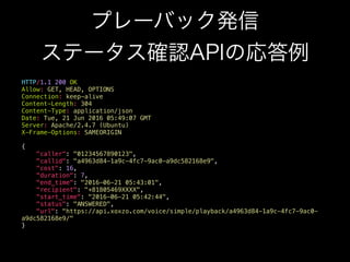 HTTP/1.1 200 OK
Allow: GET, HEAD, OPTIONS
Connection: keep-alive
Content-Length: 304
Content-Type: application/json
Date: Tue, 21 Jun 2016 05:49:07 GMT
Server: Apache/2.4.7 (Ubuntu)
X-Frame-Options: SAMEORIGIN
{
"caller": "01234567890123",
"callid": "a4963d84-1a9c-4fc7-9ac0-a9dc582168e9",
"cost": 16,
"duration": 7,
"end_time": "2016-06-21 05:43:01",
"recipient": "+81805469XXXX",
"start_time": "2016-06-21 05:42:44",
"status": "ANSWERED",
"url": "https://api.xoxzo.com/voice/simple/playback/a4963d84-1a9c-4fc7-9ac0-
a9dc582168e9/"
}
 