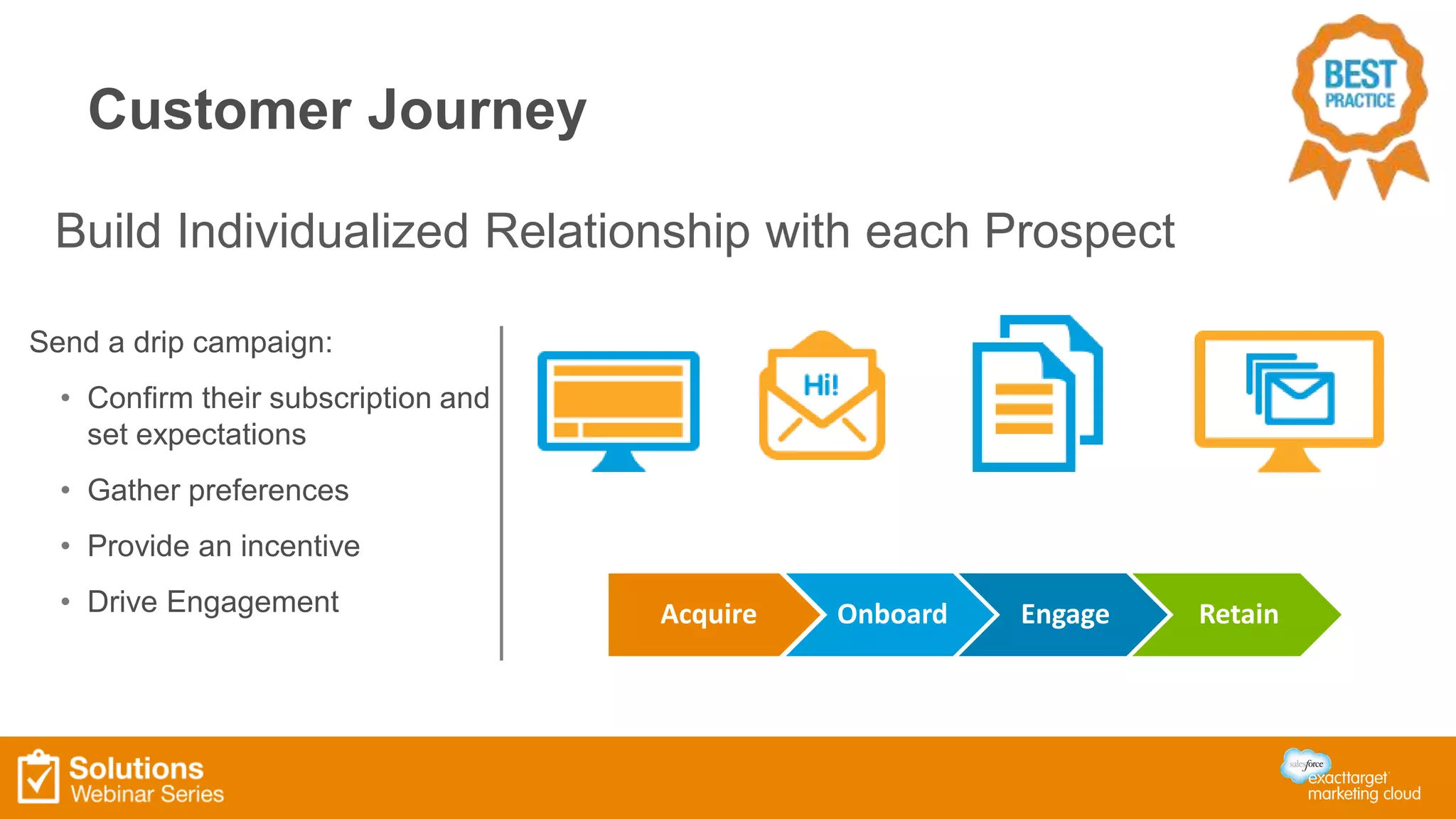 Customer Journey 
Build Individualized Relationship with each Prospect 
Send a drip campaign: 
• Confirm their subscription and 
set expectations 
• Gather preferences 
• Provide an incentive 
• Drive Engagement Acquire Onboard Engage Retain 
 