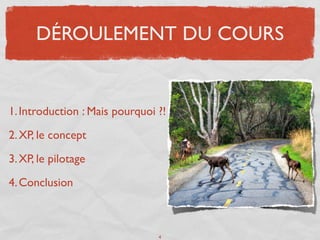 DÉROULEMENT DU COURS


1. Introduction : Mais pourquoi ?!

2. XP, le concept

3. XP, le pilotage

4. Conclusion



                                4
 