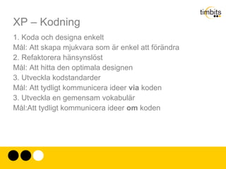 Extreme Programming Vill ta fasta på hur utveckling verkligen sker? Vänder på själva grundförutsättningen. Eftersom mjukvara är så komplext skall man bara göra det man verkligen behöver. 
