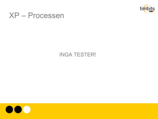 XP – Utveckling 1. Använd testdriven programmering Mål: Att bevisa att koden verkligen fingerar 2. Praktiser parprogrammering Mål: Att sprida kunskap, erfarenhet och ideer 3. Set till att koden ägs kollektivt Mål: Att sprida ansvaret för koden genom hela organisationen 4. Integrera kontinuerligt Mål: att minska effekten av nya features 