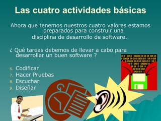 Las cuatro actividades básicas Ahora que tenemos nuestros cuatro valores estamos preparados para construir una disciplina de desarrollo de software.  ¿ Qué tareas debemos de llevar a cabo para desarrollar un buen software ?  Codificar Hacer Pruebas Escuchar Diseñar 