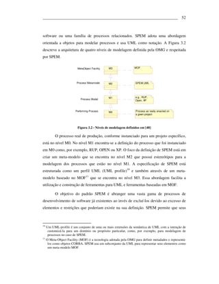 ___________________________________________________________________ 52



software ou uma família de processos relacionados. SPEM adota uma abordagem
orientada a objetos para modelar processos e usa UML como notação. A Figura 3.2
descreve a arquitetura de quatro níveis de modelagem definida pela OMG e respeitada
por SPEM.

                          MetaObject Facility   M3                MOF




                          Process Metamodel     M2                 SPEM,UML




                                                M1                 e.g., RUP,
                             Process Model                         Open, XP



                         Performing Process     M0                 Process as really enacted on
                                                                   a given project




                          Figura 3.2 - Níveis de modelagem definidos em [48]

           O processo real de produção, conforme instanciado para um projeto específico,
está no nível M0. No nível M1 encontra-se a definição do processo que foi instanciado
em M0 como, por exemplo, RUP, OPEN ou XP. O foco da definição de SPEM está em
criar um meta-modelo que se encontra no nível M2 que possui estereótipos para a
modelagem dos processos que estão no nível M1. A especificação de SPEM está
estruturada como um perfil UML (UML profile)10 e também através de um meta-
modelo baseado no MOF11 que se encontra no nível M3. Essa abordagem facilita a
utilização e construção de ferramentas para UML e ferramentas baseadas em MOF.

           O objetivo do padrão SPEM é abranger uma vasta gama de processos de
desenvolvimento de software já existentes ao invés de excluí-los devido ao excesso de
elementos e restrições que poderiam existir na sua definição. SPEM permite que seus



10
     Um UML-profile é um conjunto de uma ou mais extensões da semântica de UML com a intenção de
      customizá-la para um domínio ou propósito particular, como, por exemplo, para modelagem de
      processos no caso de SPEM.
11
     O Meta-Object Facility (MOF) é a tecnologia adotada pela OMG para definir metadados e representá-
      los como objetos CORBA. SPEM usa um subconjunto da UML para representar seus elementos como
      um meta-modelo MOF.
 