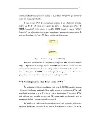 ___________________________________________________________________ 53



usuários (modeladores de processo) usem a UML, e define estereótipos que podem ser
usados nos modelos produzidos.

       O meta-modelo SPEM é construído pela extensão de um subconjunto do meta-
modelo da UML 1.4. Esse subconjunto de UML é chamado em SPEM de
“SPEM_Foundation”. Além disso, o modelo SPEM possui o pacote “SPEM
Extensions” que adiciona as construções e semânticas re queridas para a engenharia de
processos de software. A Figura 3.3 abaixo mostra esses dois pacotes.


                                            <<metamodel>>
                                           SPEM_Foundat ion




                                           <<metamodel>>
                                          SPEM_Extensions




                      Figura 3.3 - Estrutura de pacotes de SPEM [48]

       Um maior detalhamento do conteúdo de cada pacote pode ser encontrado em
[48] e no Apêndice 1. A descrição do modelo SPEM apresentada até agora é suficiente
para se ter um entendimento de como a linguagem foi construída e de qual é a sua
utilidade. O uso real de SPEM para a modelagem de um processo de software será
apresentado nas duas próximas seções através da modelagem de XP.


3.7.2 Modelagem dinâmica de XP usando SPEM

       Na seção anterior foi apresentada uma visão geral de SPEM destacando-se como
a linguagem é definida e organizada. Nesta seção, procura-se mostrar como SPEM pode
ser utilizada na prática, ou seja, do ponto de vista de seus usuários. A linguagem SPEM
será utilizada para modelar o processo XP, apresentado anteriormente, sob as
perspectivas dinâmica (comportamental) e estrutural.

       De acordo com [48] alguns diagramas básicos de UML podem ser usados para
apresentar perspectivas diferentes de um modelo de processo de software. Em SPEM
 