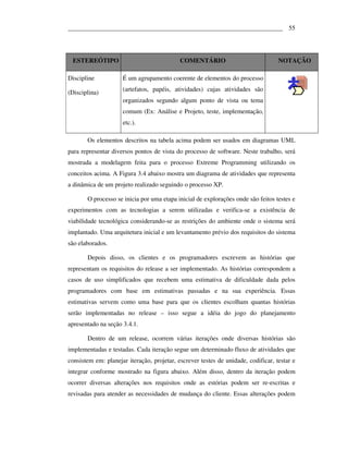 ___________________________________________________________________ 55




 ESTEREÓTIPO                                COMENTÁRIO                             NOTAÇÃO

Discipline           É um agrupamento coerente de elementos do processo
                     (artefatos, papéis, atividades) cujas atividades são
(Disciplina)
                     organizados segundo algum ponto de vista ou tema
                     comum (Ex: Análise e Projeto, teste, implementação,
                     etc.).

       Os elementos descritos na tabela acima podem ser usados em diagramas UML
para representar diversos pontos de vista do processo de software. Neste trabalho, será
mostrada a modelagem feita para o processo Extreme Programming utilizando os
conceitos acima. A Figura 3.4 abaixo mostra um diagrama de atividades que representa
a dinâmica de um projeto realizado seguindo o processo XP.

       O processo se inicia por uma etapa inicial de explorações onde são feitos testes e
experimentos com as tecnologias a serem utilizadas e verifica-se a existência de
viabilidade tecnológica considerando-se as restrições do ambiente onde o sistema será
implantado. Uma arquitetura inicial e um levantamento prévio dos requisitos do sistema
são elaborados.

       Depois disso, os clientes e os programadores escrevem as histórias que
representam os requisitos do release a ser implementado. As histórias correspondem a
casos de uso simplificados que recebem uma estimativa de dificuldade dada pelos
programadores com base em estimativas passadas e na sua experiência. Essas
estimativas servem como uma base para que os clientes escolham quantas histórias
serão implementadas no release – isso segue a idéia do jogo do planejamento
apresentado na seção 3.4.1.

       Dentro de um release, ocorrem várias iterações onde diversas histórias são
implementadas e testadas. Cada iteração segue um determinado fluxo de atividades que
consistem em: planejar iteração, projetar, escrever testes de unidade, codificar, testar e
integrar conforme mostrado na figura abaixo. Além disso, dentro da iteração podem
ocorrer diversas alterações nos requisitos onde as estórias podem ser re-escritas e
revisadas para atender as necessidades de mudança do cliente. Essas alterações podem
 
