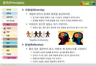 원칙(Principles)                                                      Time goes now



     인간성               다양성(Diversity)
     경제성
                          개발에 있어서 문제와 함정을 발견하려면 …
     상호이익                    팀 안에 다양한 종류의 기술, 사고방식, 관점들이 있어야 한다.
     자기 유사성                  문제를 해결하기 위해 협동할 것과 서로의 의견을 존중해야 한다.

     개선                   다양성이 있으면 갈등도 있기 마련이다.
     다양성                     갈등이 없는 팀은 없다. 중요한 것은 갈등을 생산적으로 풀 수 있느냐다

     반성

     흐름

     기회

     중복
                       반성(Reflection)
     실패
                          좋은 팀은 일만하지 않고, 어떻게, 왜 일하는지를 고민한다.
     품질
                             자신들의 성공과 실패를 분석하고, 실수를 통해 배운다.
     잔걸음
                             반성이 지나친 경우, 실제 개발에 문제가 생기지 않아야 한다.
     수용된 책임감                 배움이란 행동이 반성을 거친 것이다.
                             지성이 조율된 감정은 통찰력의 원천이다.
What’s your point ?                      21
 