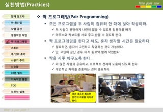 실천방법(Practices)                                                    Time goes now



     함께 앉으라            짝 프로그래밍(Pair Programming)
     하나의 팀
                         모든 프로그램을 두 사람이 컴퓨터 한 대에 않아 작성하라.
     작업 공간                  두 사람이 편안하게 나란히 않을 수 있도록 컴퓨터를 배치
     열정적인 작업                마우스와 키보드를 서로 주고 받을 수 있도록 한다.

     짝 프로그래밍             짝 프로그래밍을 한다고 해도, 혼자 생각할 시간은 필요하다.
     스토리                    필요하면, 혼자서 고민하고 작업하는 것도 가능하다.
                            단, 고민이 끝난 경우, 다시 동료와 함께 작업한다.
     주 단위 주기

     사분기 주기
                         짝을 자주 바꾸도록 한다.
                            더 많은 사람과 공유하고, 프로젝트 전체에 도움이 되도록 한다.
     느슨함
                            개인적인 차이를 존중하는 것이 중요하다.
     10분 빌드

     지속적인 통합

     TDD

     점진적 설계
                                    모든 코드는 최소한
                                    한번의 리뷰를 거치게
                                    된다. .



What’s your point ?                         32
 