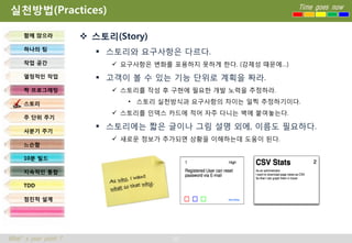 실천방법(Practices)                                                  Time goes now



     함께 앉으라            스토리(Story)
     하나의 팀
                         스토리와 요구사항은 다르다.
     작업 공간                  요구사항은 변화를 포용하지 못하게 한다. (강제성 때문에…)
     열정적인 작업             고객이 볼 수 있는 기능 단위로 계획을 짜라.
     짝 프로그래밍                스토리를 작성 후 구현에 필요한 개발 노력을 추정하라.

     스토리                      • 스토리 실천방식과 요구사항의 차이는 일찍 추정하기이다.
                            스토리를 인덱스 카드에 적어 자주 다니는 벽에 붙여놓는다.
     주 단위 주기

     사분기 주기
                         스토리에는 짧은 글이나 그림 설명 외에, 이름도 필요하다.
                            새로운 정보가 추가되면 상황을 이해하는데 도움이 된다.
     느슨함

     10분 빌드

     지속적인 통합

     TDD

     점진적 설계




What’s your point ?                   33
 