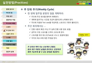 실천방법(Practices)                                                    Time goes now



     함께 앉으라            주 단위 주기(Weekly Cycle)
     하나의 팀
                         한 번에 일주일 분량의 일을 계획하라.
     작업 공간                  주초에 주간 회의를 통하여 계획한다.
     열정적인 작업                계획에 들어가는 시간을 조금씩 줄이도록 노력해야 한다.

     짝 프로그래밍
                            주초에 자동화 Test case를 작성하면, 스토리의 구현이 빨라진다.

     스토리                 주간 회의에서는 …
                            진행 사항의 확인 (지난 주 실제 진행 사항 검토 포함)
     주 단위 주기
                            금주의 구현 스토리를 고객이 고르도록 한다.
     사분기 주기
                            스토리를 여러 태스크(Task)로 나누고, 팀원에 할당            주말에는 쉬자!!!

     느슨함                    각각의 태스크에 대한 추정을 한다.
     10분 빌드

     지속적인 통합
                          주 단위의 맥박 치는 프로젝트 진행은,
     TDD
                          팀과 개인 차원의 실험을 편리하고, 빈번하게
     점진적 설계               예측 가능하게 할 수 있는 환경을 제공한다.




What’s your point ?                     34
 