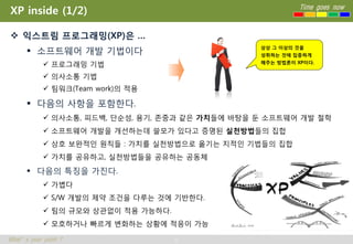 XP inside (1/2)                                             Time goes now



 익스트림 프로그래밍(XP)은 …
       소프트웨어 개발 기법이다                             상상 그 이상의 것을
                                                  성취하는 것에 집중하게

             프로그래밍 기법                            해주는 방법론이 XP이다.


             의사소통 기법
             팀워크(Team work)의 적용

       다음의 사항을 포함한다.
             의사소통, 피드백, 단순성, 용기, 존중과 같은 가치들에 바탕을 둔 소프트웨어 개발 철학
             소프트웨어 개발을 개선하는데 쓸모가 있다고 증명된 실천방법들의 집합
             상호 보완적인 원칙들 : 가치를 실천방법으로 옮기는 지적인 기법들의 집합
             가치를 공유하고, 실천방법들을 공유하는 공동체
       다음의 특징을 가진다.
             가볍다
             S/W 개발의 제약 조건을 다루는 것에 기반한다.
             팀의 규모와 상관없이 적용 가능하다.
             모호하거나 빠르게 변화하는 상황에 적응이 가능

What’s your point ?                  5
 