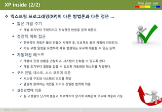 XP inside (2/2)                                          Time goes now



 익스트림 프로그래밍(XP)이 다른 방법론과 다른 점은 …
       짧은 개발 주기
             개발 초기부터 구체적이고 지속적인 반응을 얻게 해준다.

       점진적 계획 접근
             전반적인 계획은 빨리 만들어 시작한 후, 프로젝트 동안 계획이 진화한다.
             기능 구현 일정을 유연하게 세워 변경되는 요구에 대응할 수 있는 능력

       자동화된 테스트
             개발의 진정 상황을 관찰하고, 시스템이 진화할 수 있도록 한다.
             개발 초기부터 결함을 잡을 수 있도록 자동화된 테스터를 작성한다.

       구두 전달, 테스트, 소스 코드에 의존
             시스템 구조와 시스템의 의도를 전달
             열심히 참여하는 개인들 사이의 긴밀한 협력에 의존

       실천방법에 의존
             팀 구성원의 단기적 본능과 프로젝트의 장기적 이해관계 모두에 적용이 가능



What’s your point ?                   6
 
