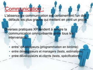 Communication :
L'absence de communication est certainement l'un des
défauts les plus graves qui mettent en péril un projet.
Diverses pratiques XP tendent à rendre la
communication omniprésente entre tous les
intervenants :
 entre développeurs (programmation en binôme)
 entre développeurs et managers (tests, estimations)
 entre développeurs et clients (tests, spécifications).

 