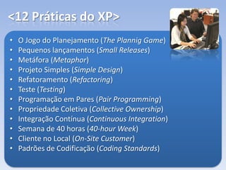 <12 Práticas do XP>
• O Jogo do Planejamento (The Plannig Game)
• Pequenos lançamentos (Small Releases)
• Metáfora (Metaphor)
• Projeto Simples (Simple Design)
• Refatoramento (Refactoring)
• Teste (Testing)
• Programação em Pares (Pair Programming)
• Propriedade Coletiva (Collective Ownership)
• Integração Contínua (Continuous Integration)
• Semana de 40 horas (40-hour Week)
• Cliente no Local (On-Site Customer)
• Padrões de Codificação (Coding Standards)
 