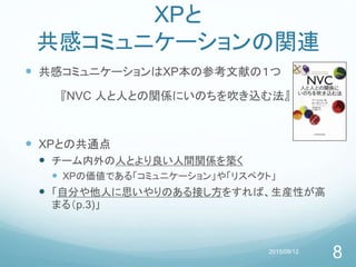 XPと
共感コミュニケーションの関連
 共感コミュニケーションはXP本の参考文献の１つ
『NVC 人と人との関係にいのちを吹き込む法』
 XPとの共通点
 チーム内外の人とより良い人間関係を築く
 XPの価値である「コミュニケーション」...