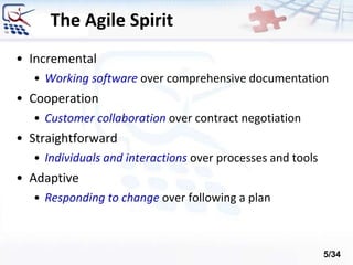 • Incremental
• Working software over comprehensive documentation
• Cooperation
• Customer collaboration over contract negotiation
• Straightforward
• Individuals and interactions over processes and tools
• Adaptive
• Responding to change over following a plan
The Agile Spirit
5/34
 