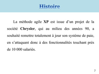 La méthode agile XP est issue d’un projet de la
société Chrysler, qui au milieu des années 90, a
souhaité remettre totalement à jour son système de paie,
en s’attaquant donc à des fonctionnalités touchant près
de 10 000 salariés.
7
 