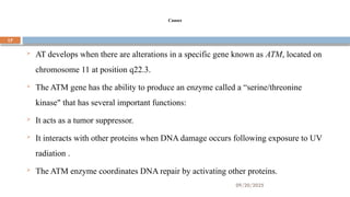 09/20/2025
17
Causes
 AT develops when there are alterations in a specific gene known as ATM, located on
chromosome 11 at position q22.3.
 The ATM gene has the ability to produce an enzyme called a “serine/threonine
kinase" that has several important functions:
 It acts as a tumor suppressor.
 It interacts with other proteins when DNA damage occurs following exposure to UV
radiation .
 The ATM enzyme coordinates DNA repair by activating other proteins.
 