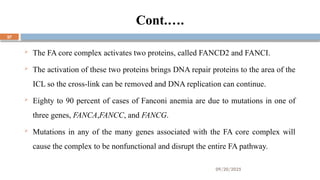 09/20/2025
27
Cont.….
 The FA core complex activates two proteins, called FANCD2 and FANCI.
 The activation of these two proteins brings DNA repair proteins to the area of the
ICL so the cross-link can be removed and DNA replication can continue.
 Eighty to 90 percent of cases of Fanconi anemia are due to mutations in one of
three genes, FANCA,FANCC, and FANCG.
 Mutations in any of the many genes associated with the FA core complex will
cause the complex to be nonfunctional and disrupt the entire FA pathway.
 