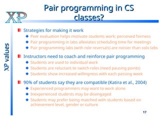 17
Pair programming in CS
Pair programming in CS
classes?
classes?
Strategies for making it work
Peer evaluation helps motivate students work; perceived fairness
Pair programming in labs alleviates scheduling time for meetings
Pair programming labs (with role reversals) are noisier than solo labs
Instructors need to coach and reinforce pair programming
Students are used to individual work
Students are reluctant to switch roles (need pausing points)
Students show increased willingness with each passing week
90% of students say they are compatible (Katira et al., 2004)
Experienced programmers may want to work alone
Inexperienced students may be disengaged
Students may prefer being matched with students based on
achievement level, gender or culture
XP
values
XP
values
 