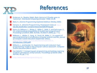 27
References
References
Anderson, A., Beattie, Ralph, Beck, Kent et al. Chrysler goes to
“extremes”, Distributed Computing (October 1998), 24-28.
Beck, K., Extreme Programming Explained (Addison Wesley 2000).
Corsaro, A., eXtreme Programming, Powerpoint notes at http://
tao.doc.wustl.edu/~corsaro/resources/talk/XP/xp.ppt.
Katira, N. Williams, L., Wiebe, E., Miller C., Balik, S. and Gehringer, E.,
On understanding compatibility of student pair programmers,
Proceedings of SIGCSE 2004, Norfolk, VA (March 2004), pp. 7-12.
Williams, L., Wiebe, E., Yang., K., Ferzli, M., Miller, C., In support of
pair programming in introductory computer science courses, Journal
of Computer Science Education (September 2002) (
http://collaboration.csc.ncsu.edu/laurie/Papers/PP in
Introductory_CSED.pdf).
Williams, L. and Kessler, R., Experimenting with industry’s “pair-
programming” model in the computer science classroom. Computer
Science Education (March 2001).
Van DeGrift, T. Comparing pair programming and writing: Learning
students’ perceptions and processes, Proceedings of SIGCSE 2004,
Norfolk, VA, pp. 7-12.
http://www.extremeprogramming.org
 