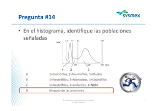 Pregunta #14
• En el histograma, identifique las poblaciones
señaladas
© 2013 Sysmex Latin America & the Caribbean
All rights reserved
A 1=Eosinófilos, 2=Neutrófilos, 3=Blastos
B 1=Neutrófilos, 2=Monocitos, 3=Eosinófilos
C 1=Neutrófilos, 2=Linfocitos, 3=NRBC
D Ninguna de las anteriores
1 2 3
 