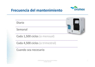 Frecuencia del mantenimiento
Diario
Semanal
Cada 1,500 ciclos (o mensual)
Cada 4,500 ciclos (o trimestral)
Cuando sea necesario
© 2012 Sysmex Latin America & the Caribbean
All rights reserved
 