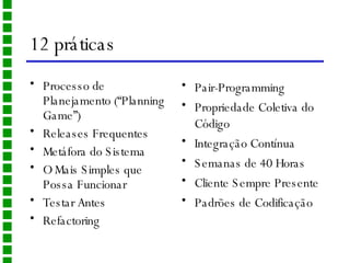 12 práticas Processo de Planejamento (“Planning Game”) Releases Frequentes Metáfora do Sistema O Mais Simples que Possa Funcionar Testar Antes Refactoring Pair-Programming Propriedade Coletiva do Código Integração Contínua Semanas de 40 Horas Cliente Sempre Presente Padrões de Codificação 