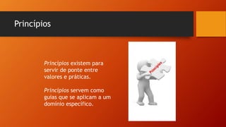 Princípios
Princípios existem para
servir de ponte entre
valores e práticas.
Princípios servem como
guias que se aplicam a um
domínio específico.
 
