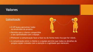 Valores
Comunicação
O XP busca aproximar todos
os envolvidos do projeto.
Permite que o cliente compartilhe
o seu aprendizado com a equipe.
Promover a comunicação face-a-face ou da forma mais rica que for viável.
A comunicação entre o cliente e a equipe permite que todos os detalhes do
projeto sejam tratados com a atenção e a agilidade que merecem.
 
