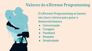 Valores do eXtreme Programming
O eXtreme Programming se baseia
em cinco valores para guiar o
desenvolvimento.
● Comunicação
● Coragem
● Feedback
● Respeito
● Simplicidade
 